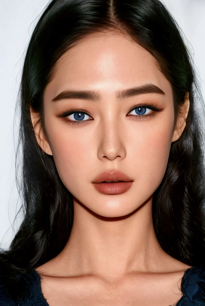 Korean Asian Girl, Long hair, black hair, blue eyes, beautiful, only top part,textured skin, Very detailed, UHD, high quality, HD Model, Awarded many times, masterpiece, High resolution, anatomically correct, The best quality, detail, frontal