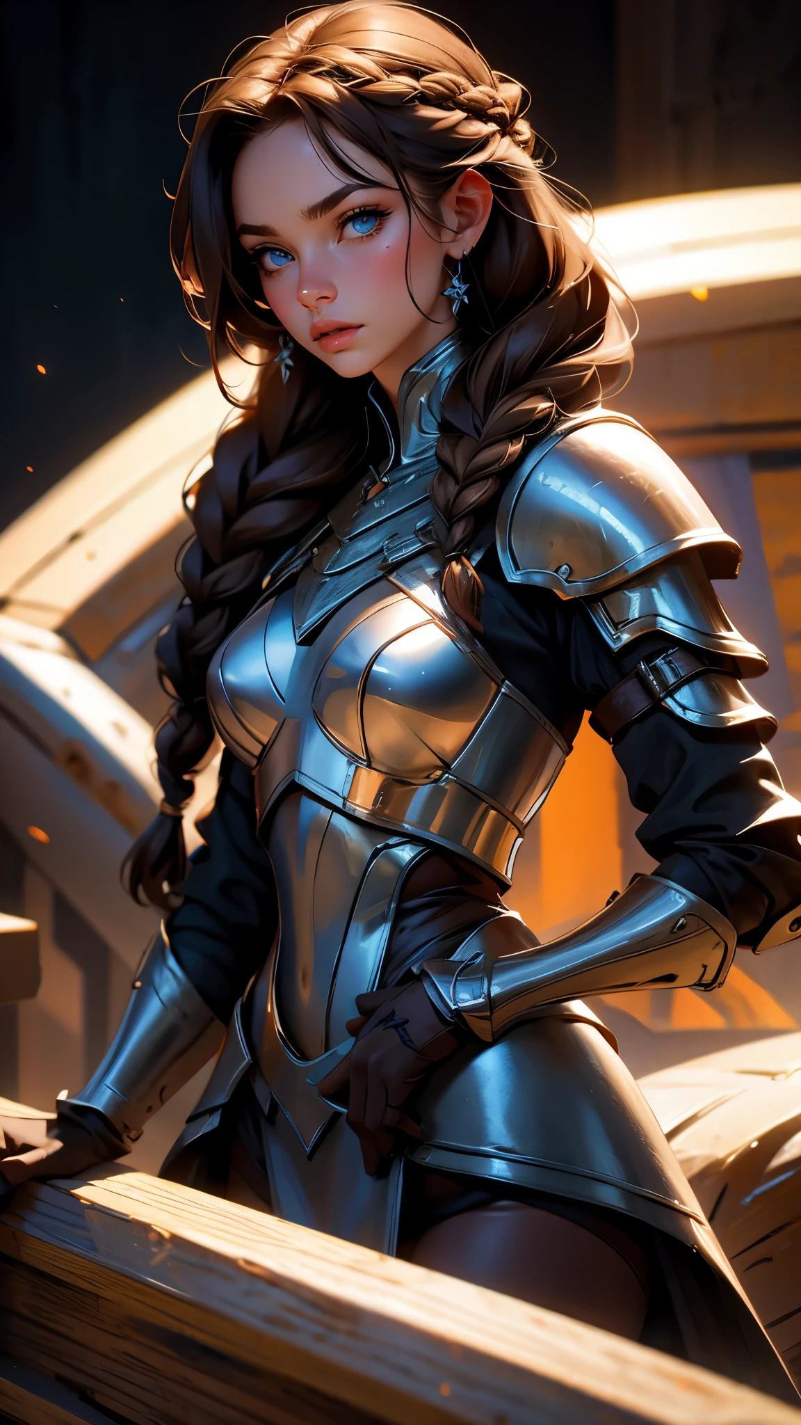 Photo of adepta sororitas, argent shroud, full armor, full metal armor, Christina Chong beautiful face, narrowed eyes. smirk. black braided hair with narrowed eyes, wearing intricate ornamented metal armor, stern face,, solo, (female:1.2), epic, platinum white armor, white pelvic curtain, bronze trimmings, , facial scar, iron halo, ((upper body:1.3)) focus, close-up, banner background,