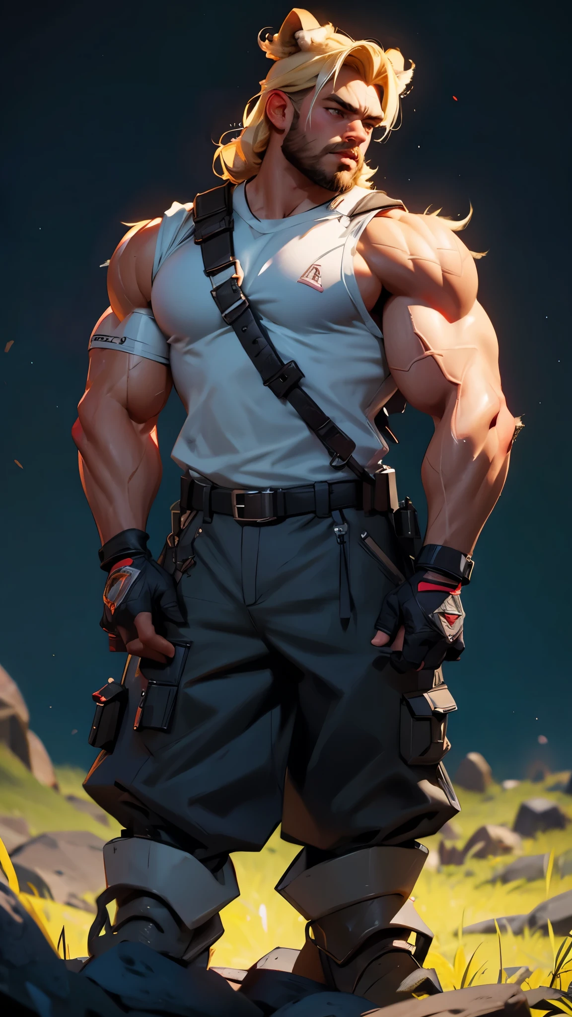 envision a 8k, highres, cinematic, detailed, semi realistic pinup of a handsome burly man with a short large muscular body, blonde hair, bear like features, bear armor, leather, (((1boy))), in dark lighting, against a dark background