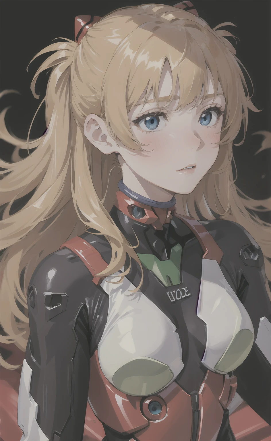 official art, unity 8k wallpaper, ultra detailed, beautiful and aesthetic, masterpiece, best quality, realistic, close-up, skindentation, <lora:AsukaV1-000016:0.6>, souryuu asuka langley, interface headset, bodysuit under clothes, detailed eyes, detailed face, detailed hair, black background, straight-on, looking at viewer, glossy,