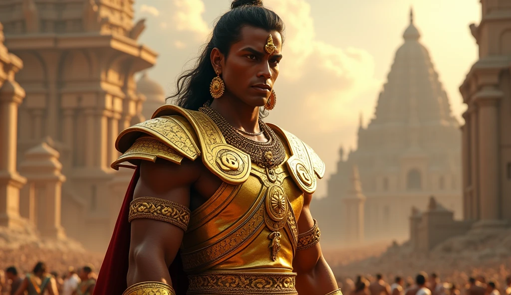 A 12 year-old Mahabharata Karna,wearing his golden armor Kavach-Kundal,hurly Long hair,and holding a glowing trident Narayanastra ready for battle, riding on the chariot, Cinematic, realistic