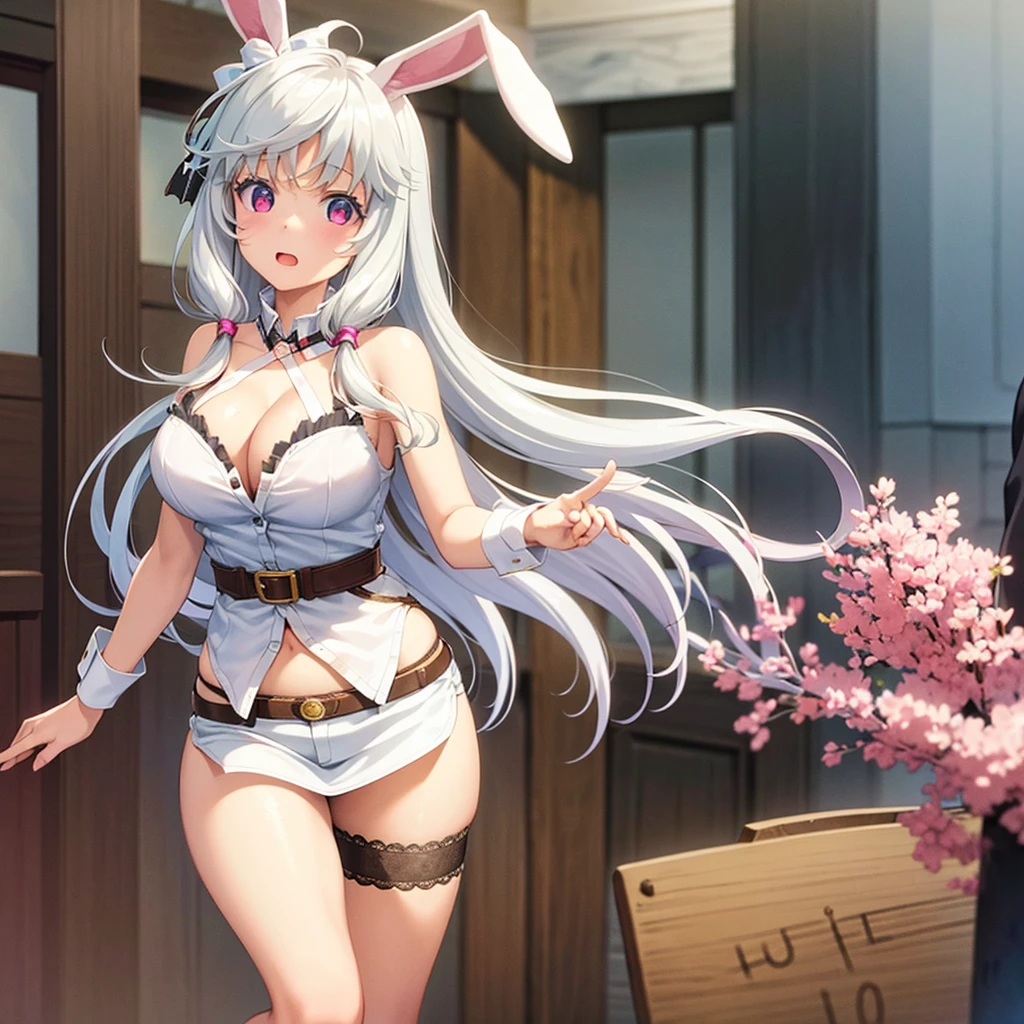 One girl,beautiful girl,Bunny ears,Animal ears,Long Hair,White Hair,Hair covering ears,Red eyes,dress shirt,White shirt,Cleavage,Not wearing a bra,Open clothes,The shirt is open in the front,All the buttons are off,Denim shorts 