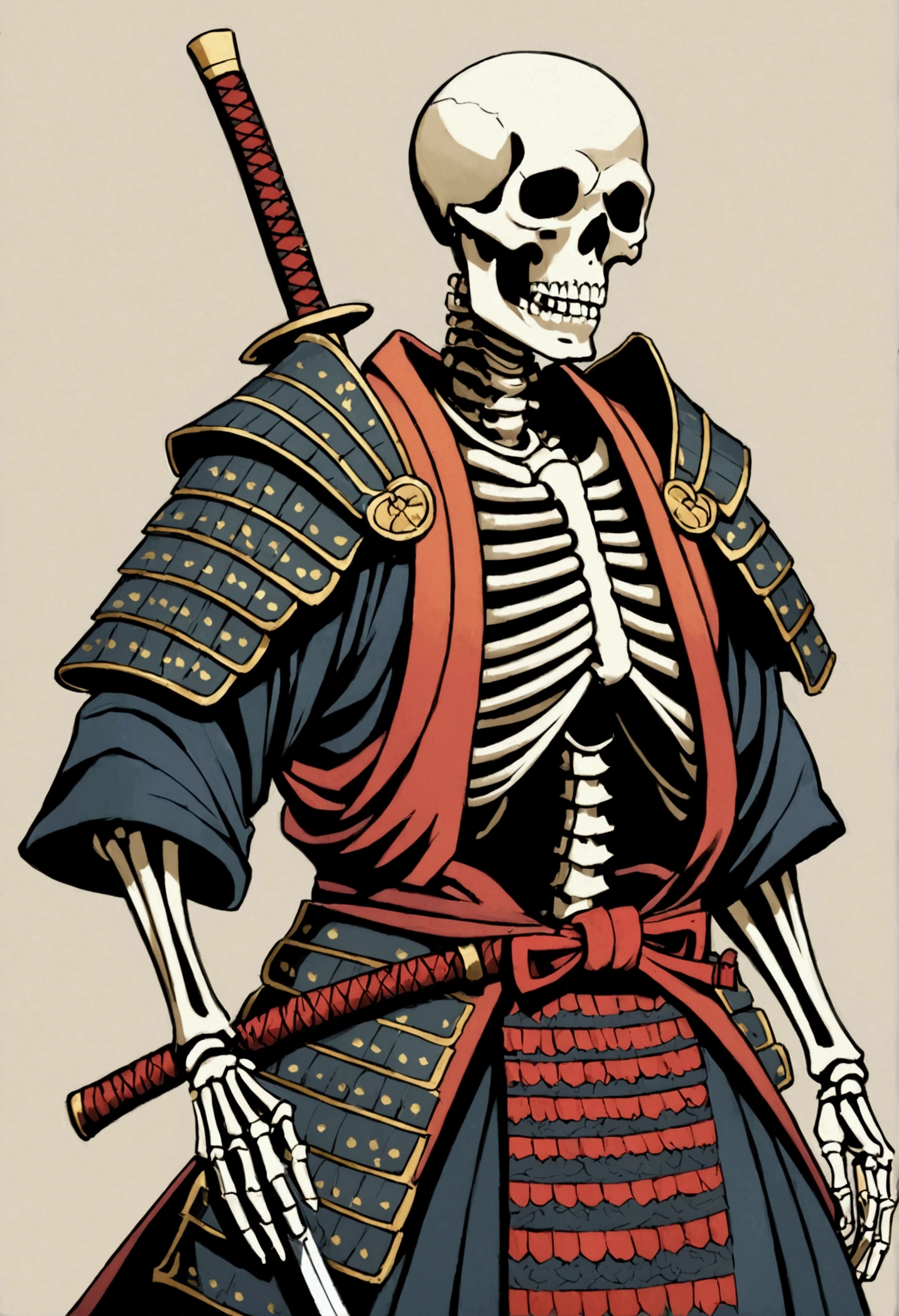 (masterpiece, best quality: 1.2), traditional Chinese ink painting , skeleton wearing oni mask , wearing monk clothes
