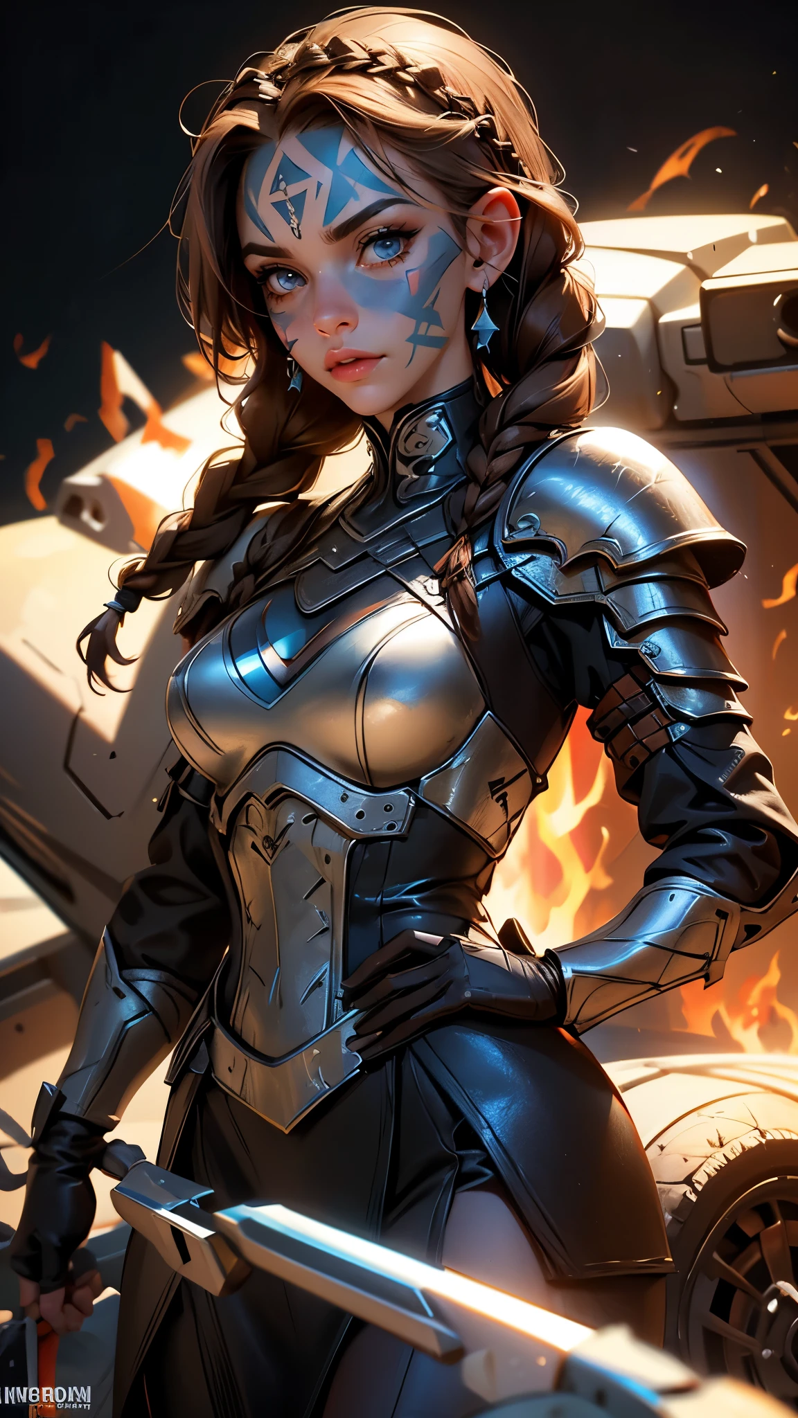 envision a 8k, highres, cinematic, beautiful extreme close up face Pinup of a  older norse mom with a slender muscular body, strong mature older face, (((long braided brown hair))), side locks, long bangs, blue eyes, (((War Face Paint))), face paint, leather armor, Nordic armor, fur  piece , ((((1girl)))), in dark lighting, against a dark gray background