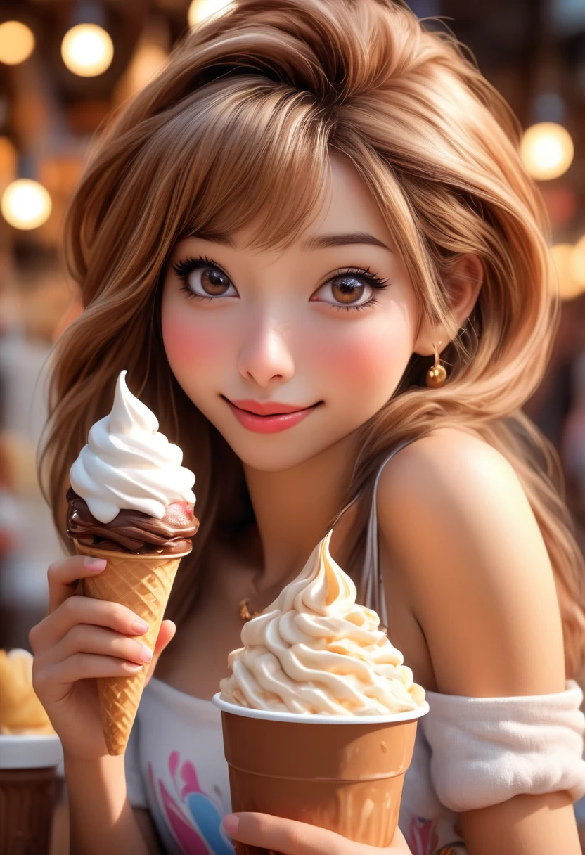 cute yuna, bare shoulders, short shorts, age 25, happily enjoying chocolate sundae, flirting with viewer, ice cream shop, photorealistic, high quality, detailed facial features, beautiful eyes, detailed lips, long eyelashes, extremely detailed, masterpiece, ultra-detailed, 8k, vivid colors, natural lighting, warm color tones, soft lighting, golden hour, cinematic, intricate details