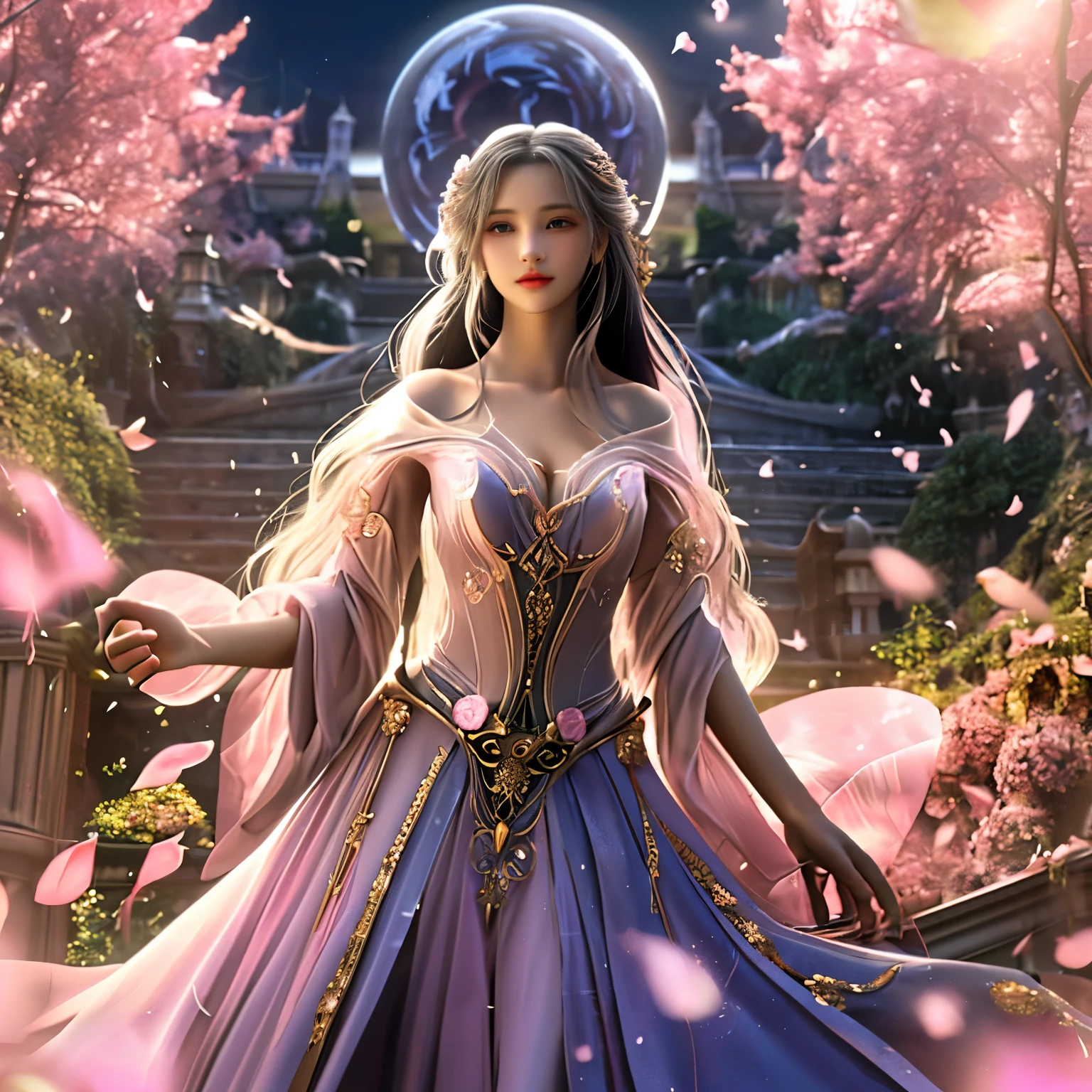 girl, 28 years, expensive, She is like a fairy in the human world, Elegant and temperamental. Her clothes were made of silk and、It was dyed a soft pink color to match the glow of the sky.. The dress is decorated with intricate embroidery of flowers and birds, Shows his elegant taste and noble identity. The hem of her skirt was reaching up to her ankles, Reveal her slender feet in embroidered shoes. She had long black hair with a jade hairstyle stuck in it, While she runs、It flowed behind her. His face was delicate and perfect, His eyes lit up、The lips were pink. She smiled.、Appreciated nature and beauty. The field is covered with green grass and colorful wildflowers, Swaying in the breeze. She ran between them, touch them with thin fingers,. The sun is setting behind the mountains, Cast a warm light on the scene. It's like a painting, dream, poetry. She is the epitome of beauty and grace.