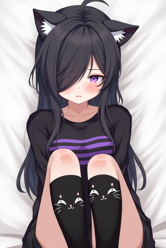 The prompt for Stable Diffusion is: "A catgirl with black hair, purplish blue eyes, fair skin, black cat ears, and black cat tails wearing a slightly revealing high school uniform was sleeping on a messy white bed."
