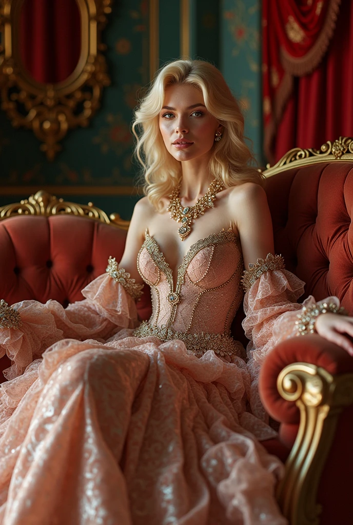 White Blonde hair, fluffy hair, stylish hair, long hair, lilac eyes, perfect eyes, beautiful, perfect face, tween, , short, kind, curvy, a flowing pale airy gown with ruffles along the bottom with tiny pink flowers and gold dragon embroideries with flowers, Her tiara had a pretty teal gemstones, silver necklace, noble class, royal, royalty, red castle, feasting hall, medieval, elegant surroundings, soft dewy makeup look, light peach blush, soft tan eyeshadow, light coral lipstick, cutesy, girlish, girly, guileless, ingénue, princess , whimsical lighting, Targaryen, dragons in the sky, photorealistic
