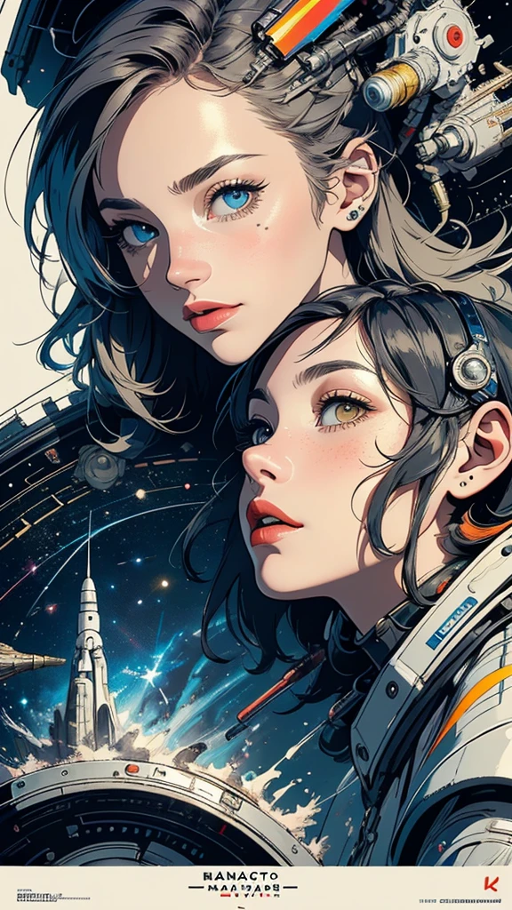 appearence a 13 years old teenage girl,calm,quiet,cute,pretty,full body,looking ahead,serious look,cosmic space background 