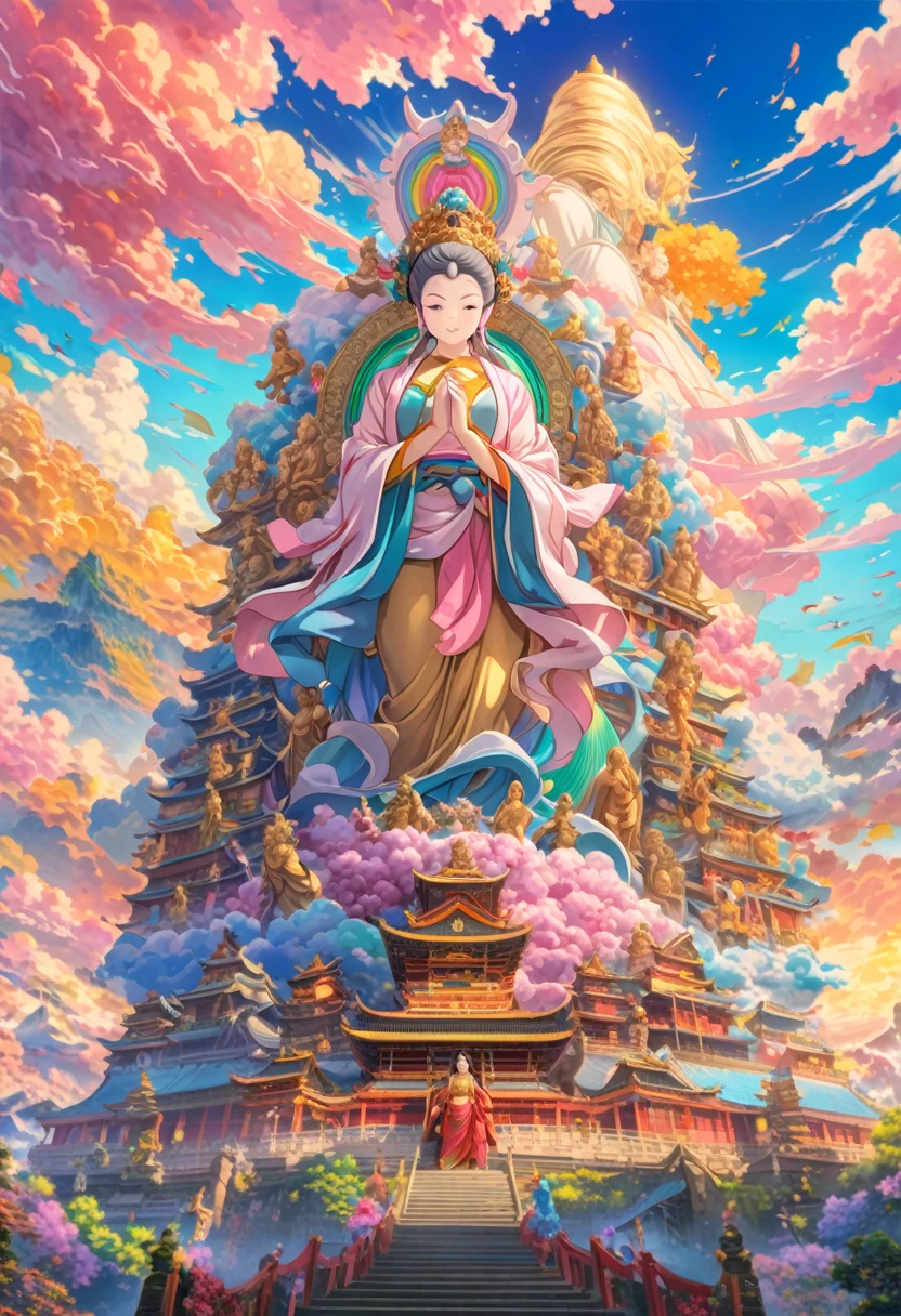  詳細なAnime Art, Masterpiece, Highest quality, ８K, Hand-painted Mother Kannon statue, Ride the Clouds, Surrounded by five hand-painted Bodhisattva statues, Colorful Clouds, Absurd, Anime Art, art，advertisement，Colored pencil drawing，draft 