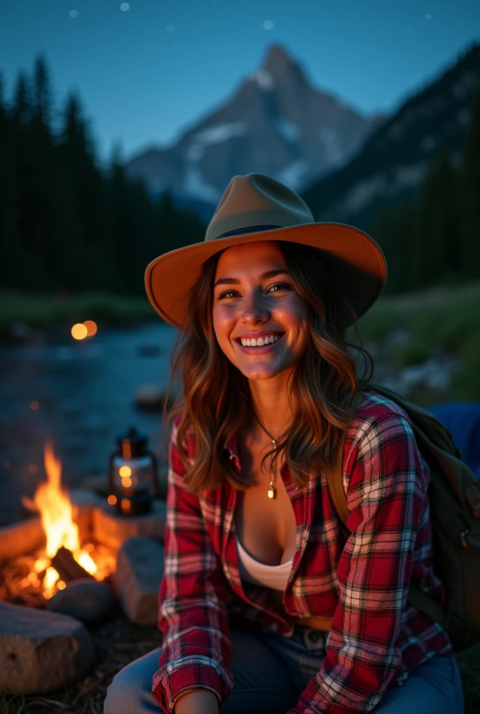 (photorealistc:1.1) beautiful young Hispanic woman cooking over a campfire, campsite in the wood, tent and picnic table in background, woman wearing evening gown, woman smiling, elegant woman with long hair