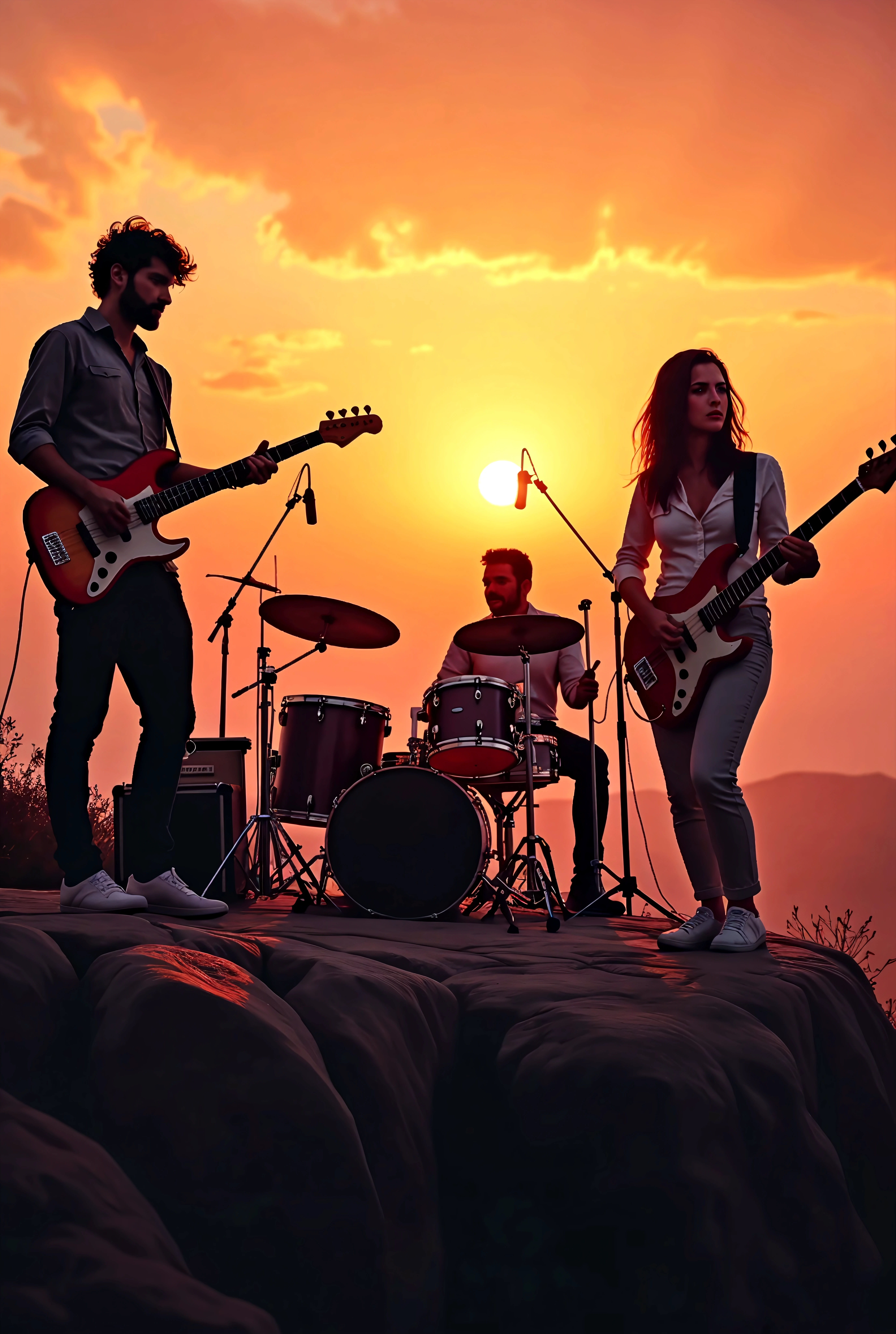 Nudist musical group full body naked woman sitting barefoot playing drums and full body naked woman stands barefoot playing guitar and full body naked woman stands barefoot playing bass instruments 
