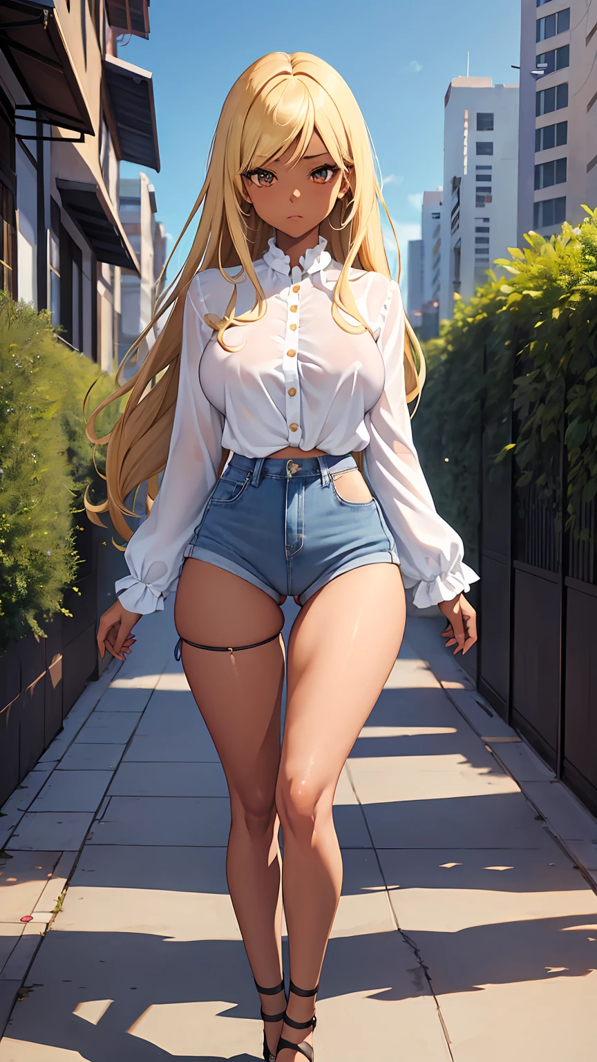 1girl, anime girl, anime, (dark skin), 2d girl, 18y, (fullbody), standing, anime girl, pensive, (blonde hair), ((black blouse)), Solo, Slim, large breasts, big , big Breasts, Tight Shorts, low waist shorts, upshorts, skyscrapers background, modern city, looking at viewer, darker shadows, (((Wedgie))), (((explicit))), (((shorts))), (((absurdres))), (((thigh gap))), (((cameltoe))), (((cleft of venus))), (((lowleg shorts))), (((innie pussy))), (((inniepussy))), (((innie_pussy))),