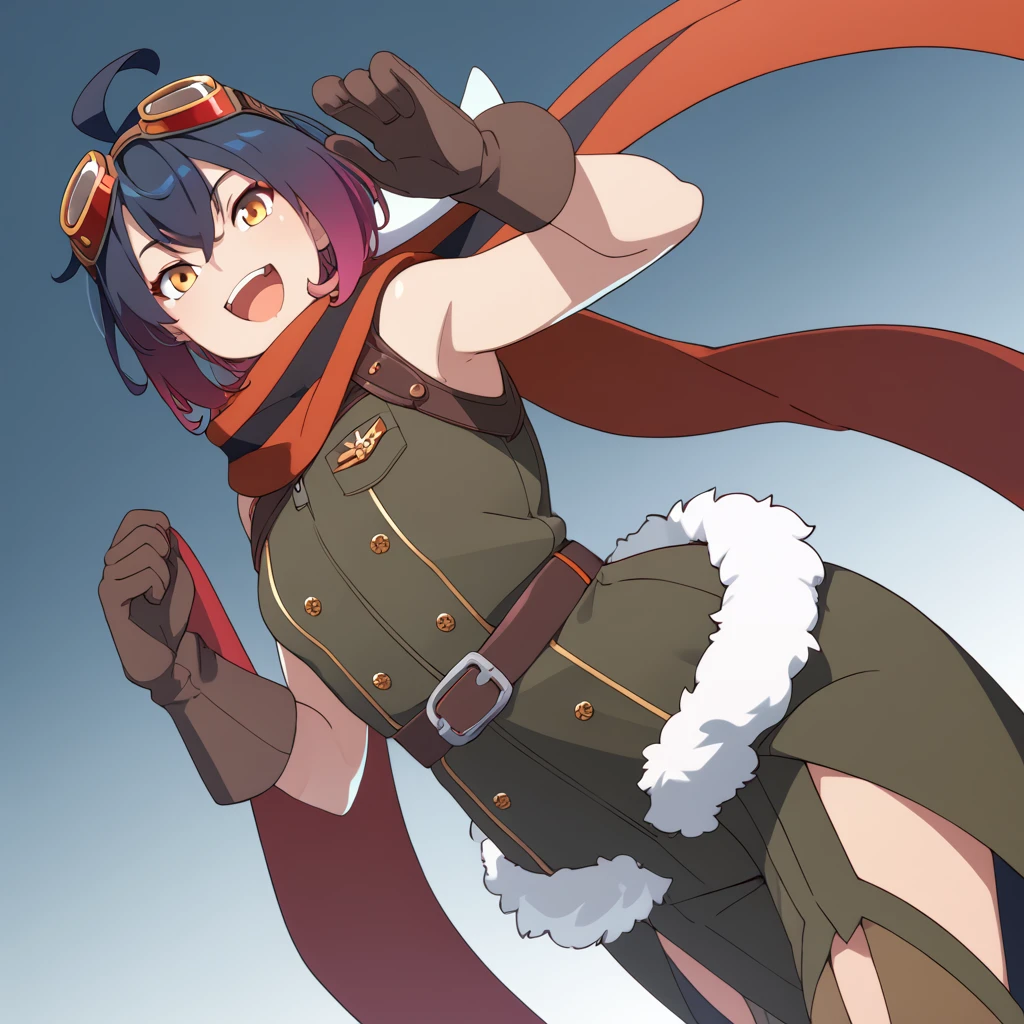 score_9, score_8_up, score_7_up, rating_explicit, source_anime, General, artwork, masterpiece, dynamic angle, blue gradient hair, scarf, open mouth, looking at the viewer, amber eyes, gloves, fur cloth, goggles, waist chain, ahoge