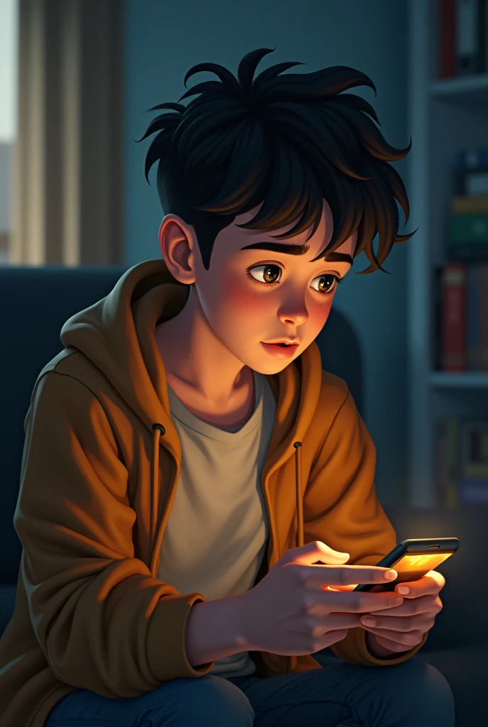 Creation: animy, thoughtful boy looking to the future, full moon night, thinking about technology, how it got advanced and what will become of humanity