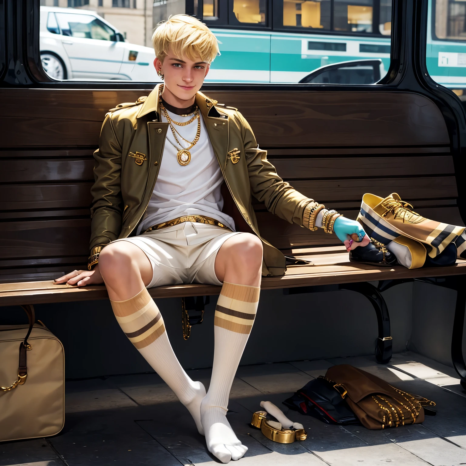 arrogant Burberry swagg chav blond european white boy with clean shave hype undercut haircut, Burberry clothing, dirty Burberry socks, no shoes, lots and lots of gold rings, necklaces, bracelets, gold piercings, nose piercings, sprawled on large bench at bus station, looking happy. full body view. His dirty Burberry socks must be seen
