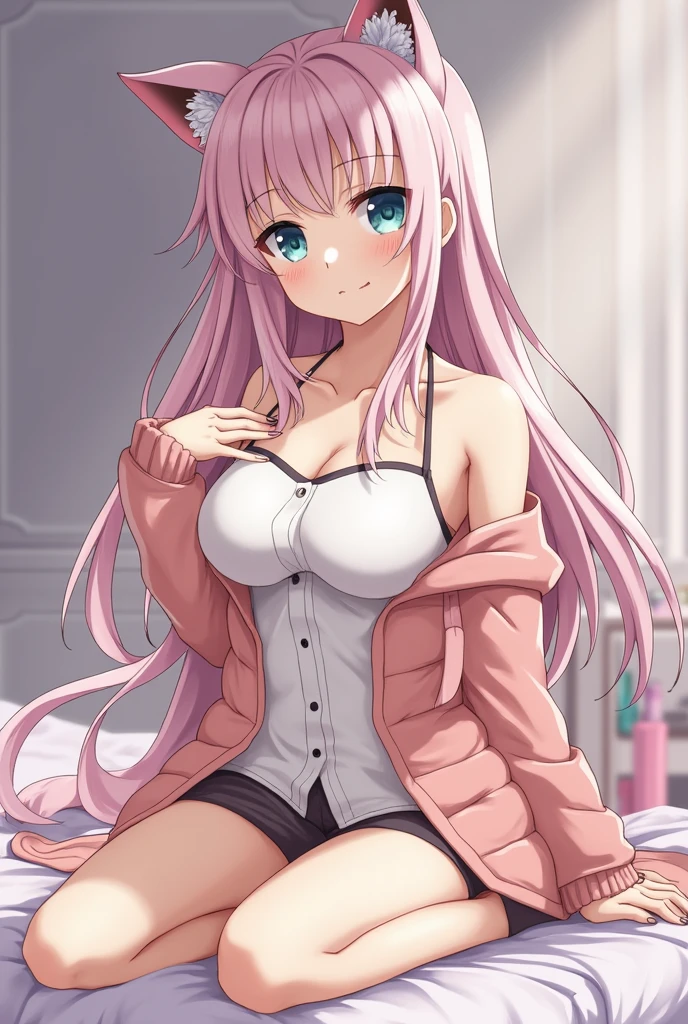 pink hair, Ahoge Heart, Shy, Blush, Eye Blush, Full blush, Cinematic lighting, drop shadow, Anime style, UHD, masterpiece, textured skin, anatomically correct, High Quality, high-detail，Anime Girl In Love，Very shy........... cat ears girl,Pale pink eyes,White underwear,loli, on a bed,medium-length hair,undergarment,laying on bed