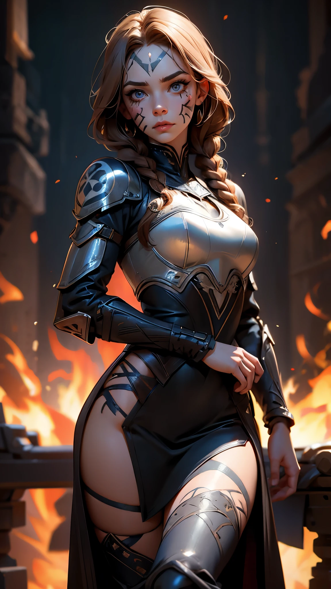  envision a 8k, highres, cinematic, beautiful full body Pinup of a  older norse mom with a slender muscular body, strong mature older face, (((long braided brown hair))), side locks, long bangs, blue eyes, (((War Face Paint))), face paint, leather armor, Nordic armor, fur  piece , ((((1girl)))), in dark lighting, against a dark gray background