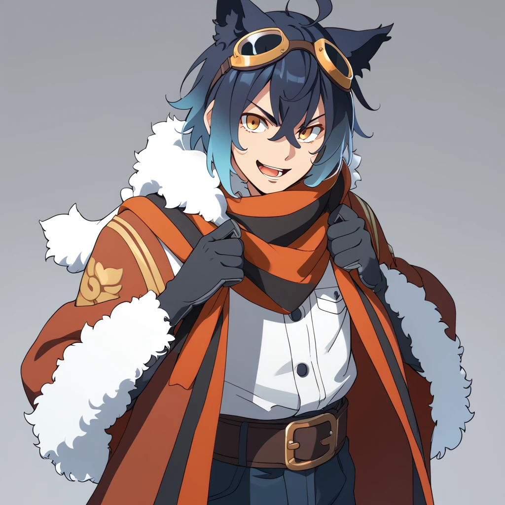 score_9, score_8_up, score_7_up, rating_explicit, source_anime, General, artwork, masterpiece, dynamic angle, blue gradient hair, scarf, open mouth, looking at the viewer, amber eyes, gloves, fur cloth, goggles, waist chain, ahoge, male only, yaoi