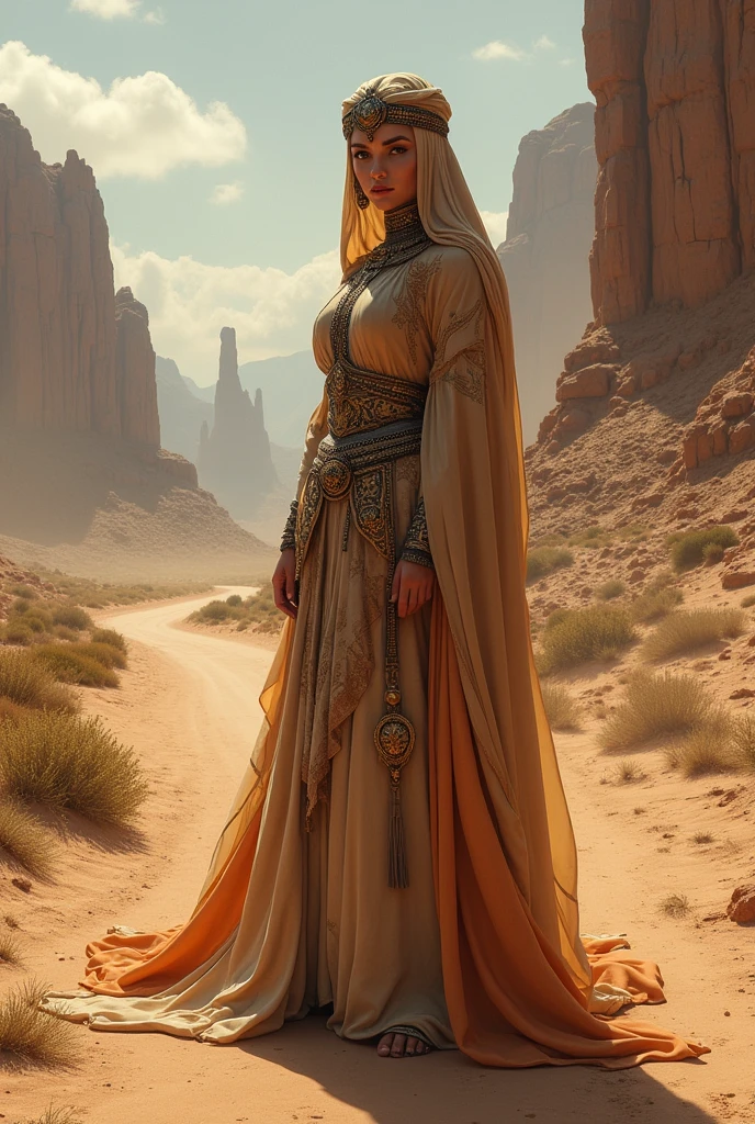 high quality,8k,detailed,photorealistic,masterpiece,digital painting,concept art,beautiful detailed desert princess,full body shot,intricate detailed clothing,exquisite ornate accessories,desert landscape background,dramatic lighting,warm color tones,cinematic composition,volumetric lighting,atmospheric haze