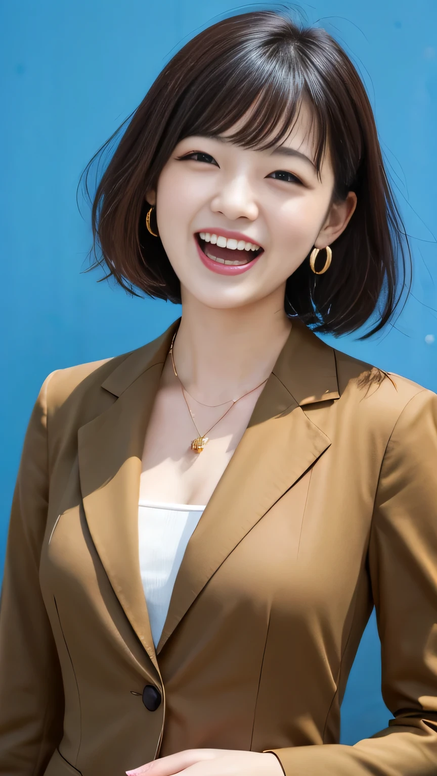 Highest quality:1.2), RAW Photos, High resolution, Very detailed, Intricate details, Short Haircut、、、ear piercing、smile、Beautiful teeth alignment、Black HairClear beauty,(High quality fabric, Office Lady Suits )、Necklace around the neck、, The background is the office