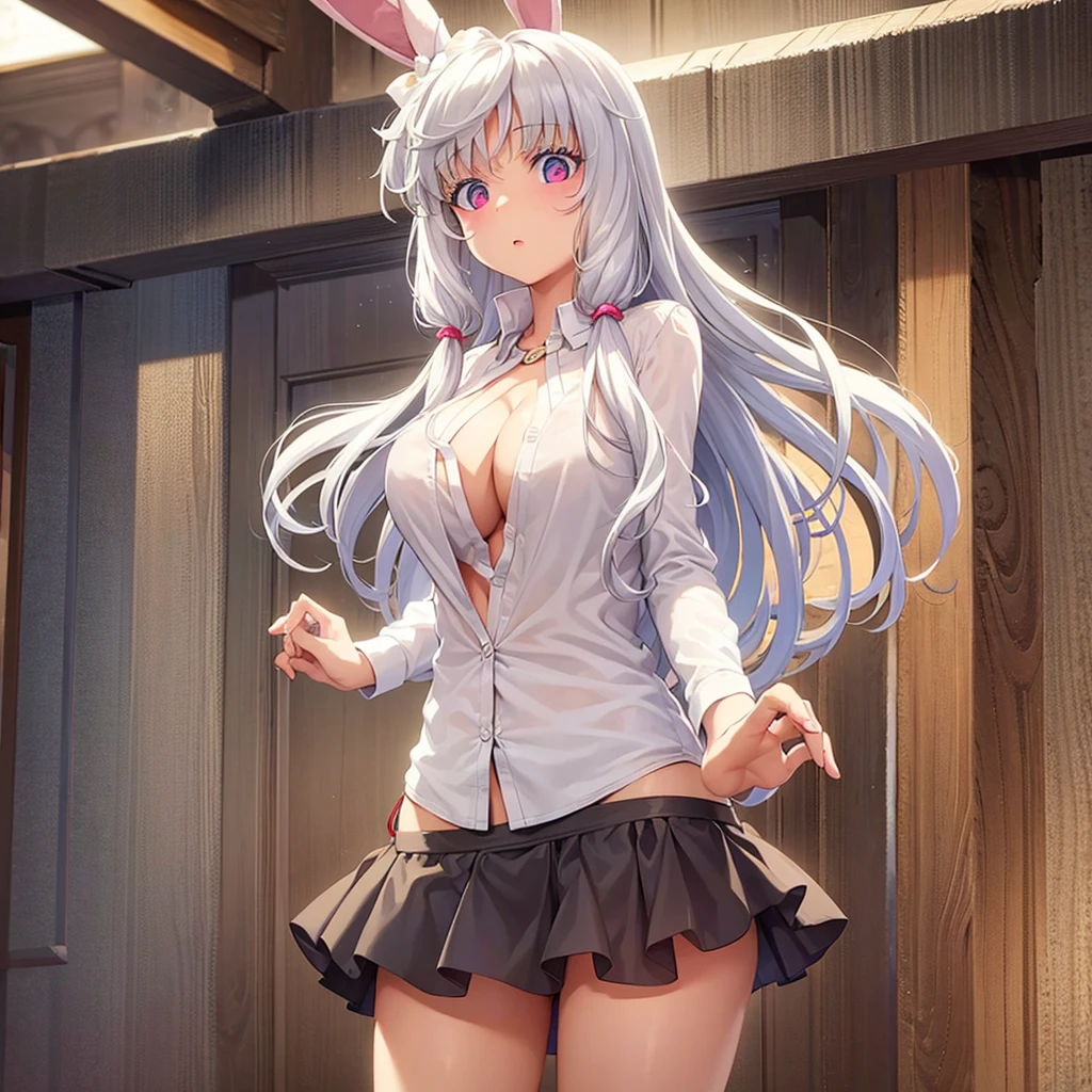 One girl,beautiful girl,Bunny ears,Animal ears,Long Hair,White Hair,Hair covering ears,Red eyes,dress shirt,White shirt,Cleavage,Not wearing a bra,Open clothes,The shirt is open in the front,All the buttons are off,Denim shorts 