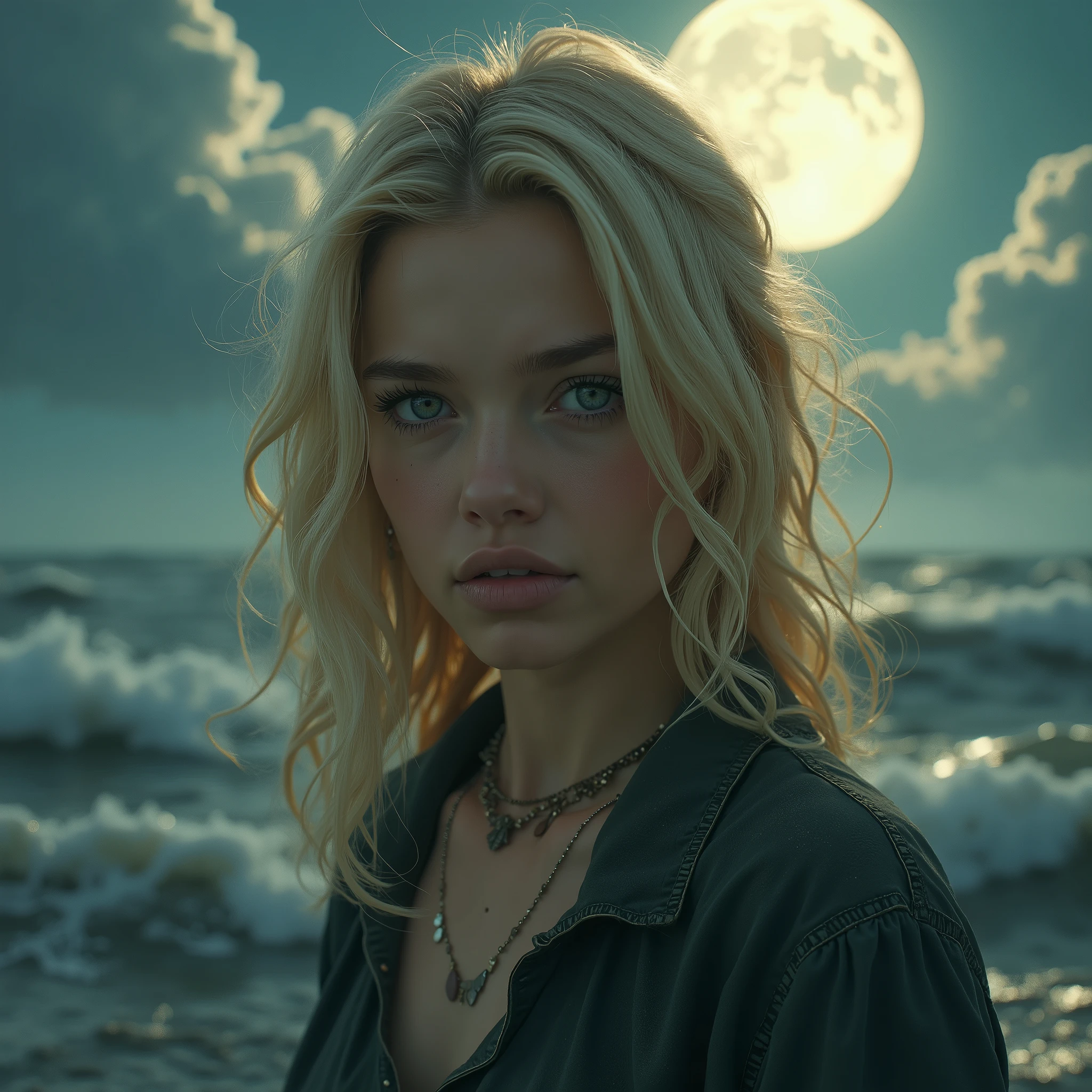 A photorealistic of a 21-year-old russian blond girl with long hair and striking dark eyes. She should have a natural, approachable expression and be illuminated by soft, under the moonlight