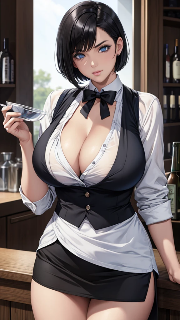 A female bartender with short bob of black hair is at the BAR, Blue eyes, black cummerbund, white shirt, black skirt, big breasts, cleavage.