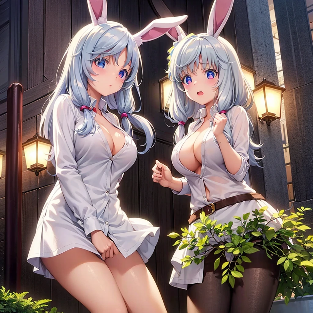 One girl,beautiful girl,Bunny ears,Animal ears,Long Hair,White Hair,Hair covering ears,Red eyes,dress shirt,White shirt,Cleavage,Not wearing a bra,Open clothes,The shirt is open in the front,All the buttons are off,Denim shorts 