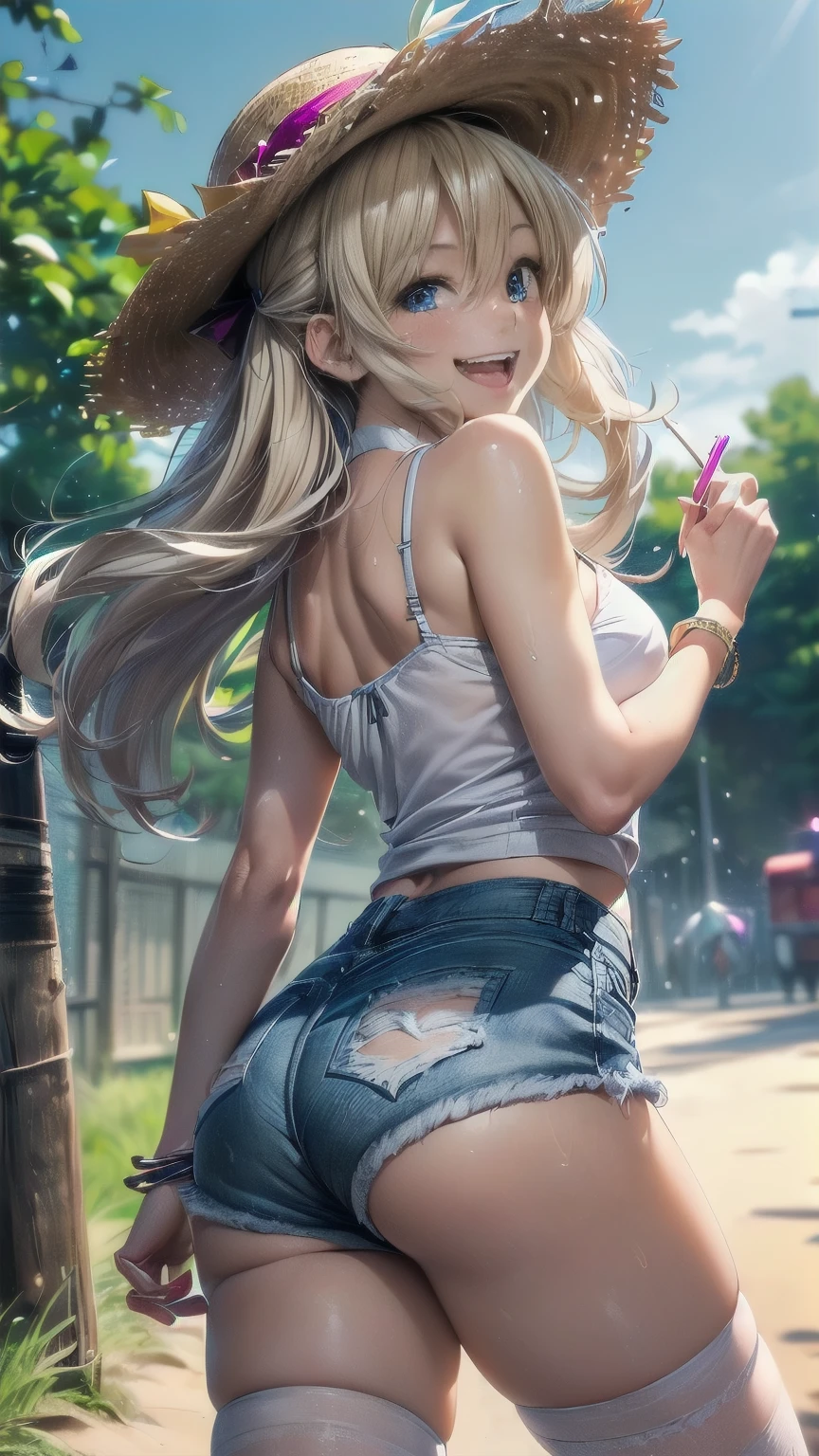 1girl, undressing, bent over, panties around ankles, panty pull, dizzykitten_512x640_1.5, pussy, ass, high heels, shirt, from behind, looking back, blush, country road, winding path, scenic drive, peaceful, diffraction spikes, dappled lighting, masterpiece, best quality, highly detailed, (grey eyes:0.8), (blonde hair:0.8), collarbone, skinny, medium breasts, long hair