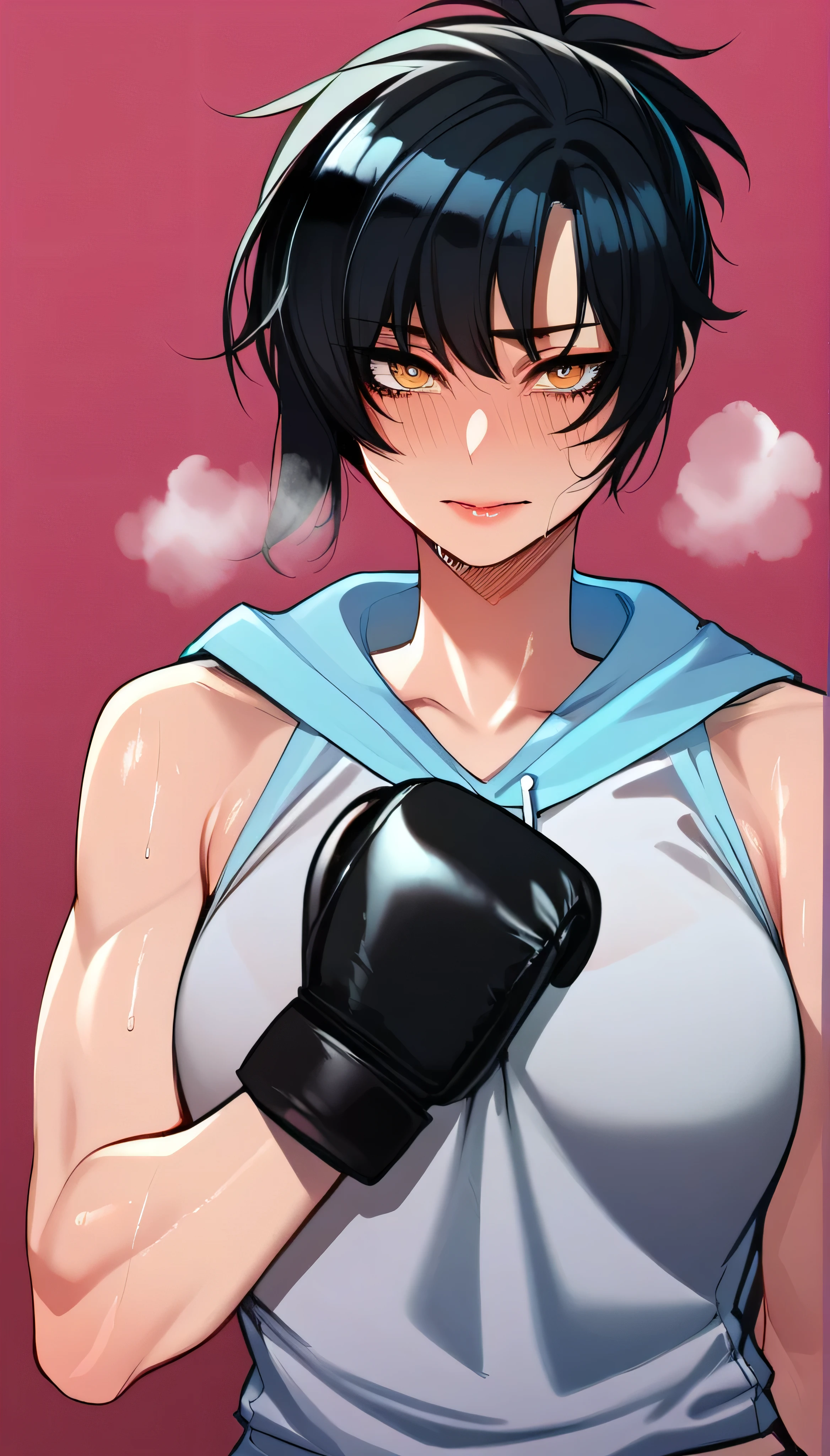 ((((masterpiece, best quality, high resolution)))), Extremely detailed 8K, 1 female, wearing a white Karate gi, (ahegao),white eyes, Small breasts, sash, japanese clothes,  No underwear,No eyeballs, Facing the audience, looking at the audience, tired, from below, (Exposed armpit:1.1), ((armpit:1.2)), sexy, Sweating, More and more sweat,(ahegao), (Roll your eyes),  open mouth, Sticking out tongue, saliva, Slobber,Skinny, raise arms, (arms above head:1.5)(Ultra HD, Ultra-detailed, Highly detailed, Highly realistic, Ultra-realistic, photograph realistic), (1girl:1.5), (Realistic black hair), (dynamic poses), facing at camera, looking at viewer, (slightly serious face), (perky breasts:1.2), (beautiful detailed face, beautiful detailed eyes), ((worn out karate gi)), (preparing for a fight), sweat, glow, (sunbeam, sunlight), ((cowboy shot)), inside a training gym, seductive, EnvyBetterHands LoCon,