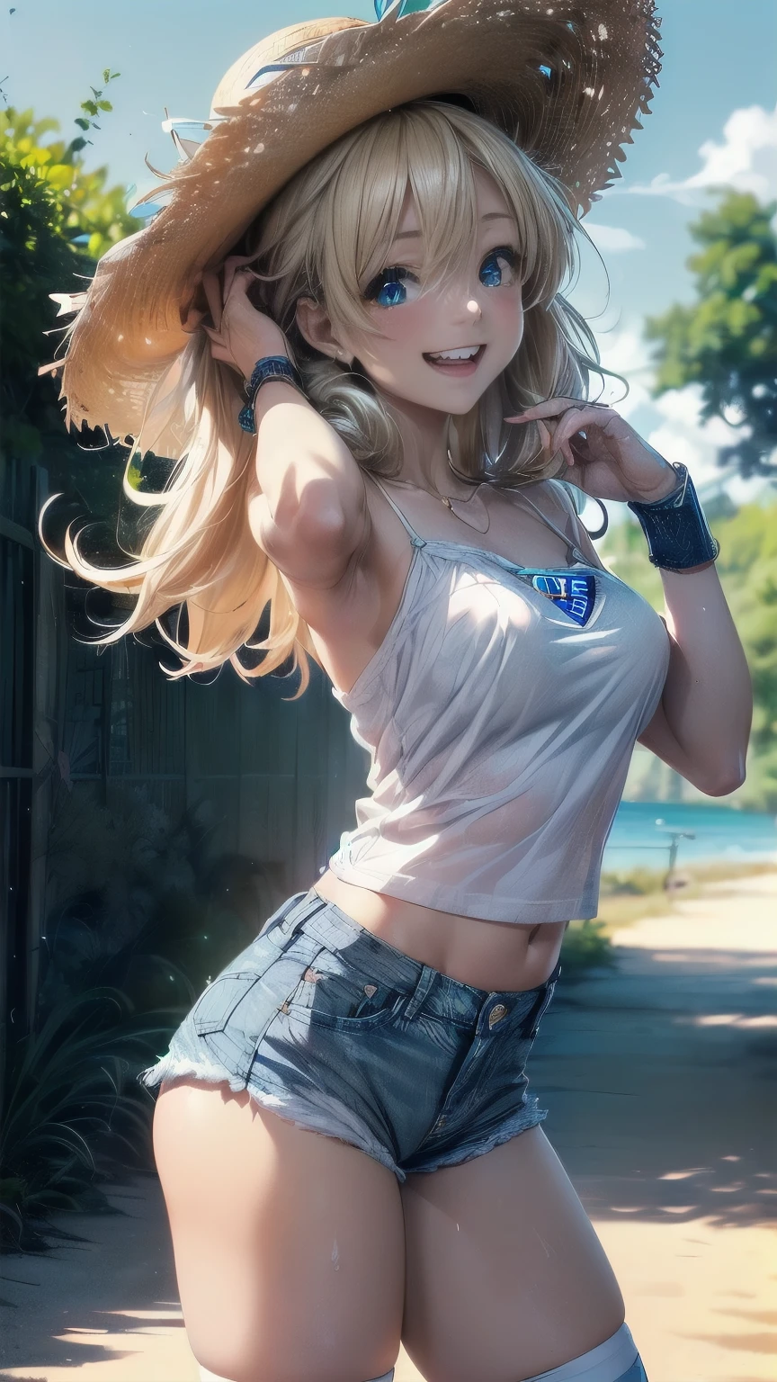 1 female,12 years old,blonde,(miniskirt and big white tank top, (), , natural smile,,,(((leaning forward)))