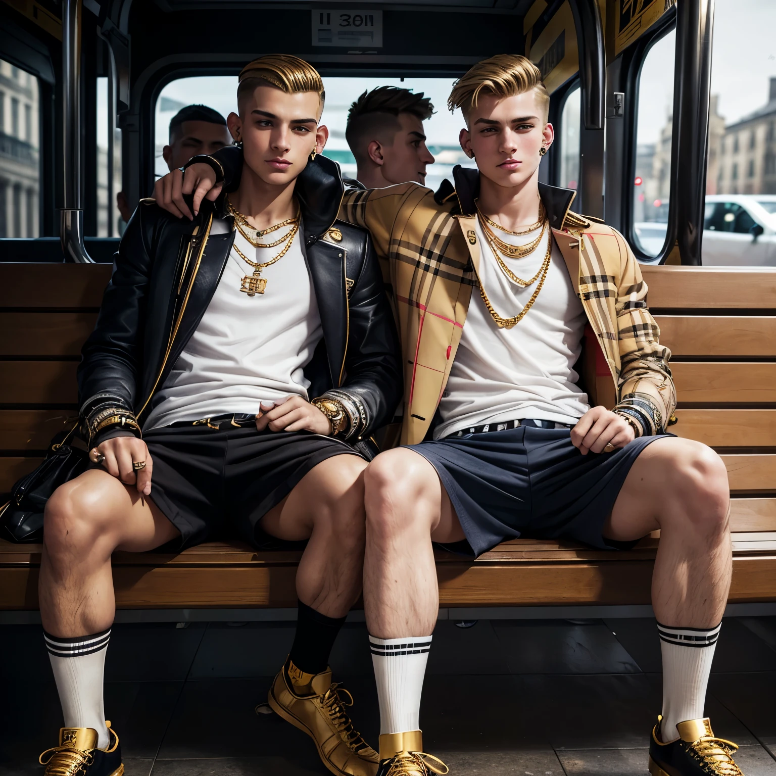 2 arrogant Burberry swagg chav blond european white boys with clean shave hype undercut haircuts, Burberry clothing, dirty Burberry socks, no shoes, lots and lots of gold rings, necklaces, bracelets, gold piercings, nose piercings, sprawled on large bench at bus station, looking happy. full body view. Their dirty Burberry socks must be seen