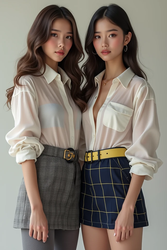 ((highest quality, 8K, Representative works in detail, ultra high resolution)), (group photo), (looking at the viewer), (middle shot:), Five attractive businesswomen,5 women, a little chubby:0.25,Large bust、 white short sleeve collared shirt, gray skirt, mini skirt(officeの机にあぐらをかいて座っている)), smile, office、very short skirt、mini skirt、mini skirt、panties、panties、