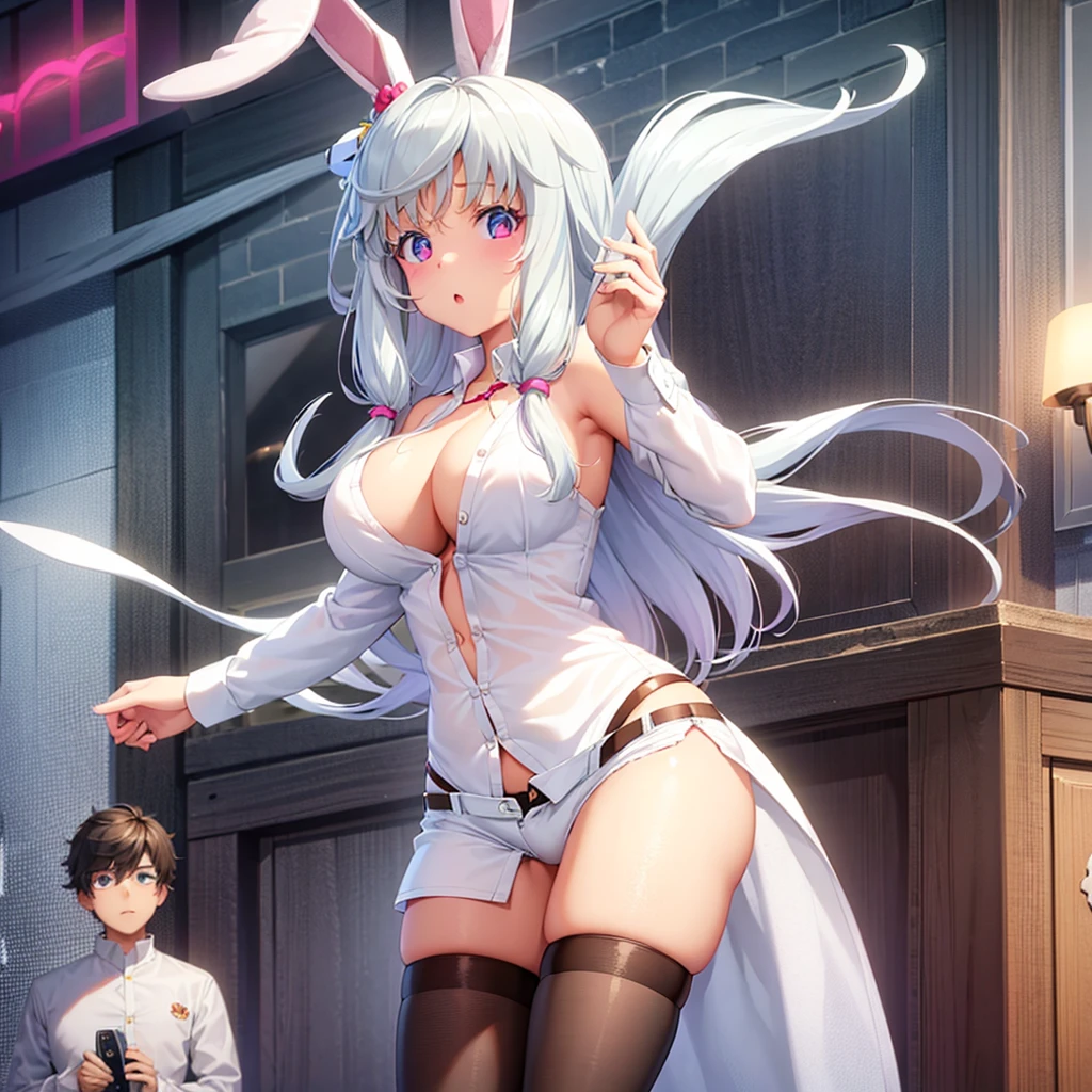 One girl,beautiful girl,Bunny ears,Animal ears,Long Hair,White Hair,Hair covering ears,Red eyes,dress shirt,White shirt,Cleavage,Not wearing a bra,Open clothes,The shirt is open in the front,All the buttons are off,Denim shorts 