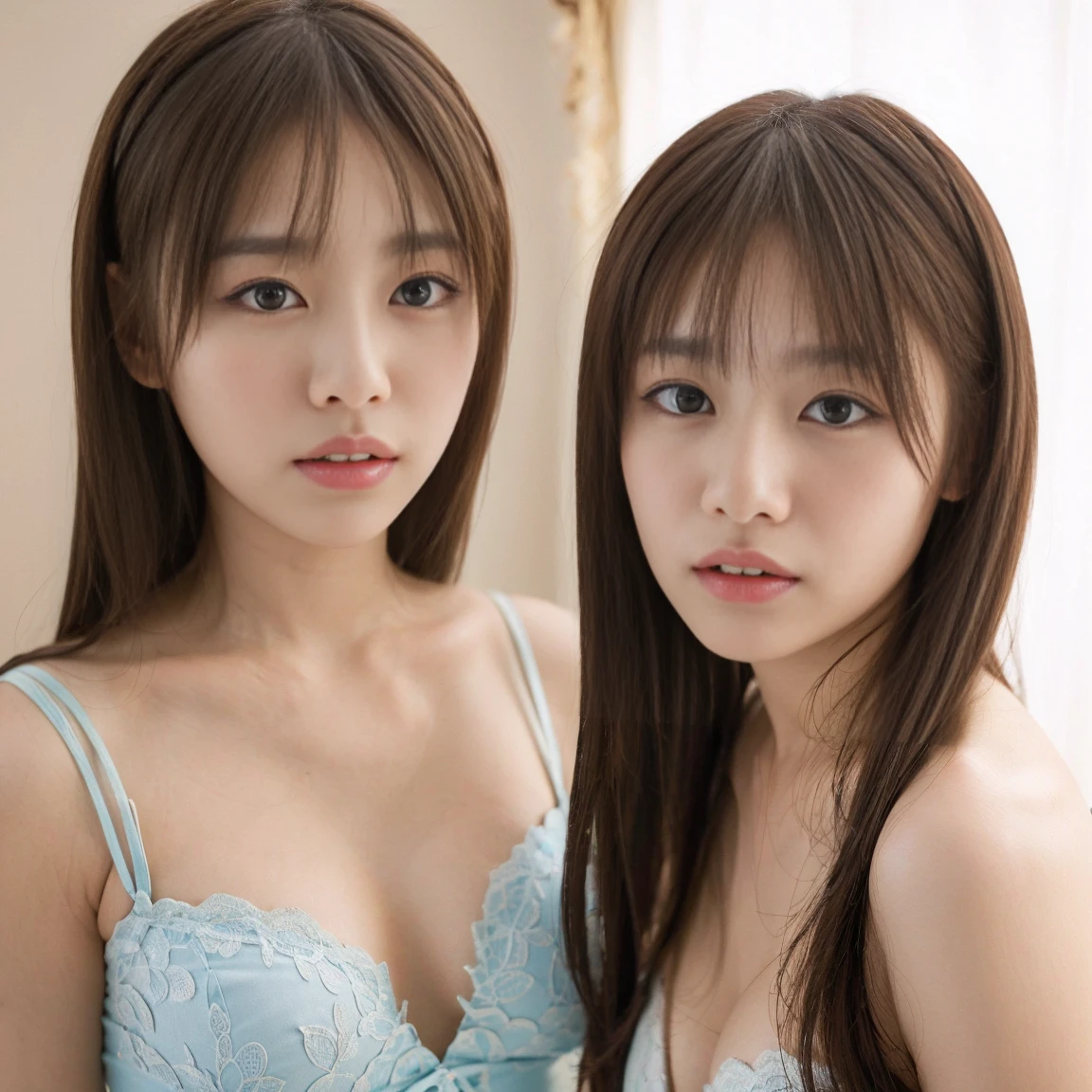 Identical twin sisters、Highest quality, masterpiece, Ultra-high resolution, (Realistic: 1.4), RAW Photos, 1 girl, Black Hair, Glowing Skin, Beautiful Eyes, Dramatic lighting, Captivating performance, Long Bangs, Cleanliness,