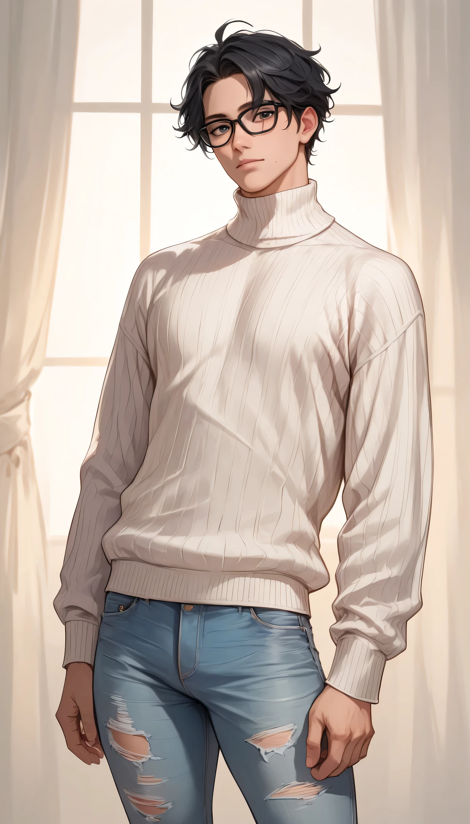 Izayoi Seishin artstyle, (score_9, score_8_up, score_7_up), (best quality, masterpiece),perfect anatomy,(aesthetic,very aesthetic),official style, (ultra-high resolution), 1boy, shaggy black hair, black glasses, white loose faded sweater, ripped jeans, mysterious and brooding appearance