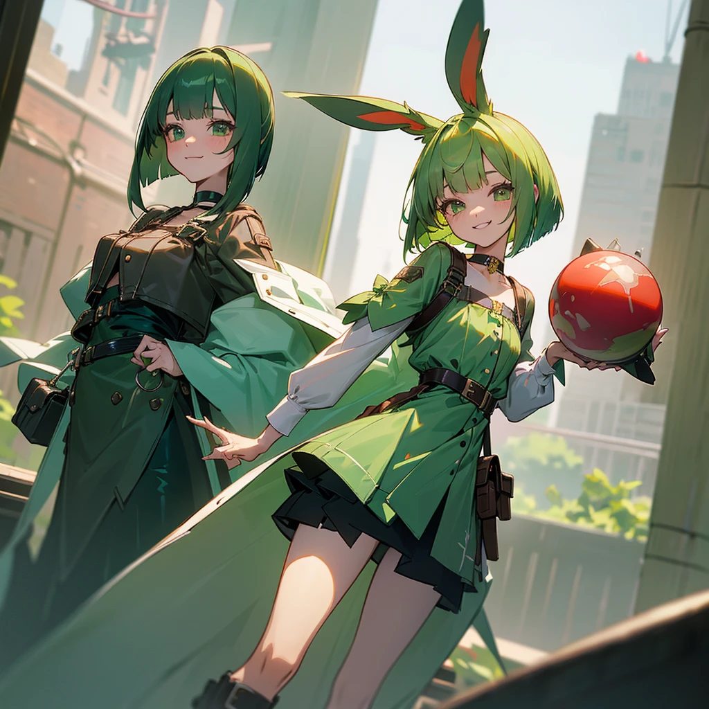 (long Green rabbit ears), green animal ears, (a girl), green hair, green eyes, bob cut, thin eyebrows, smiling, young, alone, ****ta, short, blouse, coat,choker, long boots, red hood, harness, fingerless globe, belt, waist pouch, in the city, cafe, tiny, baby face