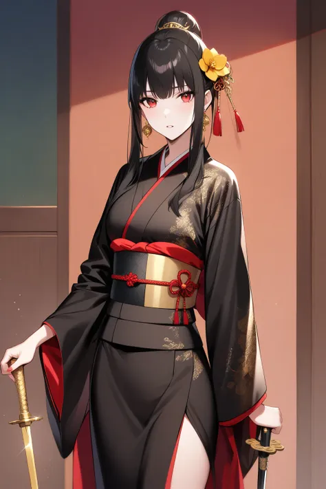 the image depicts a female character dressed in a black kimono. she has long black hair adorned with a golden hair accessory fea...