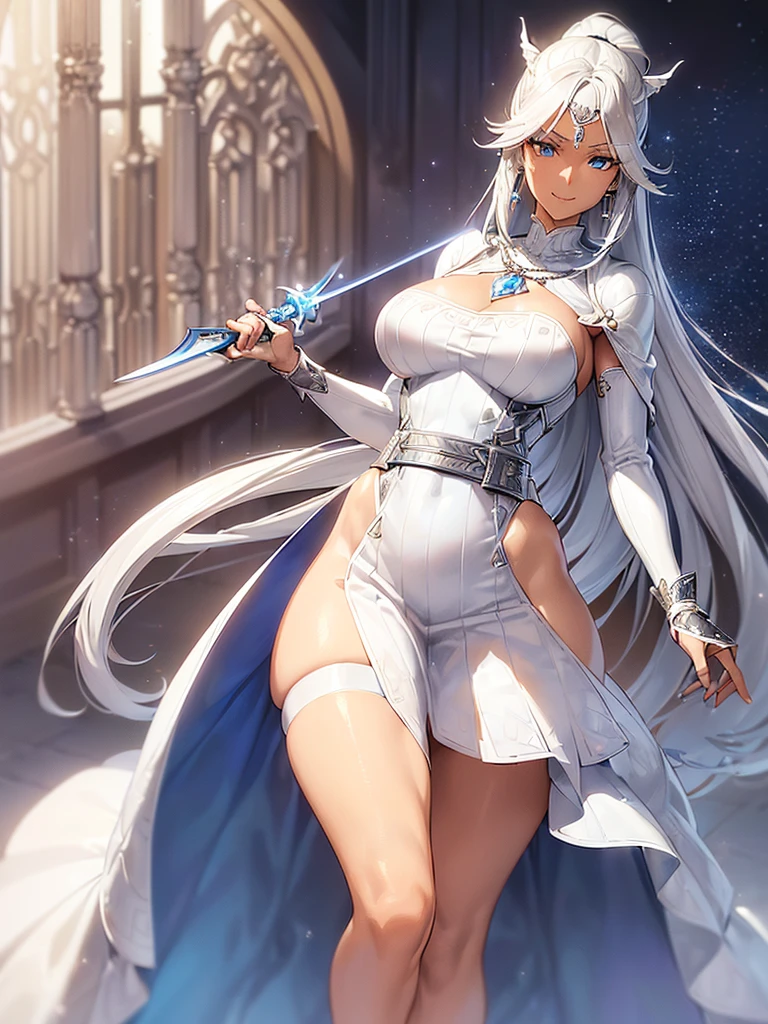 Sword Maiden is a sexy female priest with the appearance of a beautiful woman wearing transparent white robe and showing her big chest and holding a futuristic staff as a weapon, The Sword maiden's chest pops out her robe, topless. Sword Maiden is has gentle personality, sexy slender body. Big chest, nude. Realistic, high resolution. NSFW.