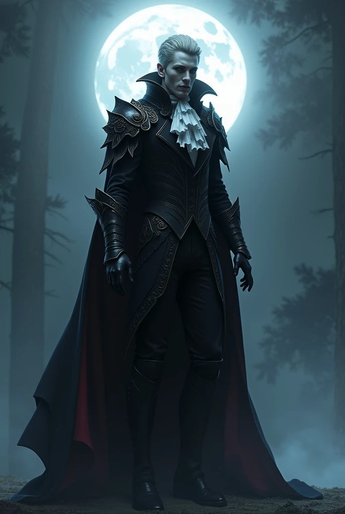 Dracula with a tall shaved head, in his surroundings, with clothes that he wears as he likes, covering his entire muscular body