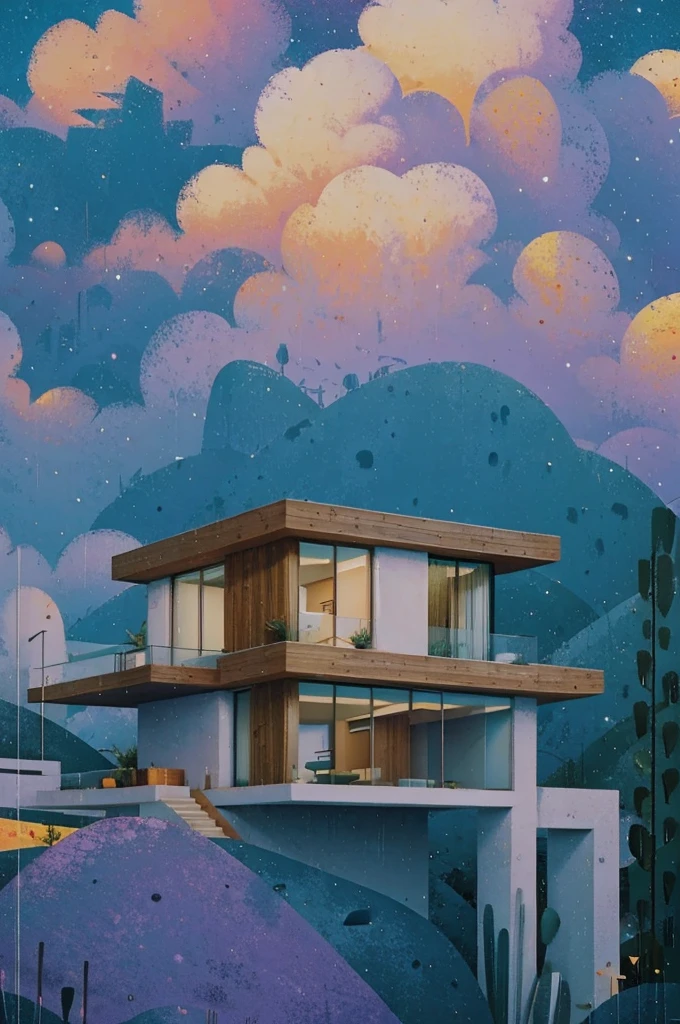 small and beautiful modern house in top of big boulders, terraces, pool, stairs, multiple cacti gardens, palms, trees, rocks, beautiful landscape design, mountains and volcano y background, amazing clouds, sun, moon, planets, milky way galaxy, concrete, wood, glass and steel materials, olive green, violet, orange and withe colors in facade