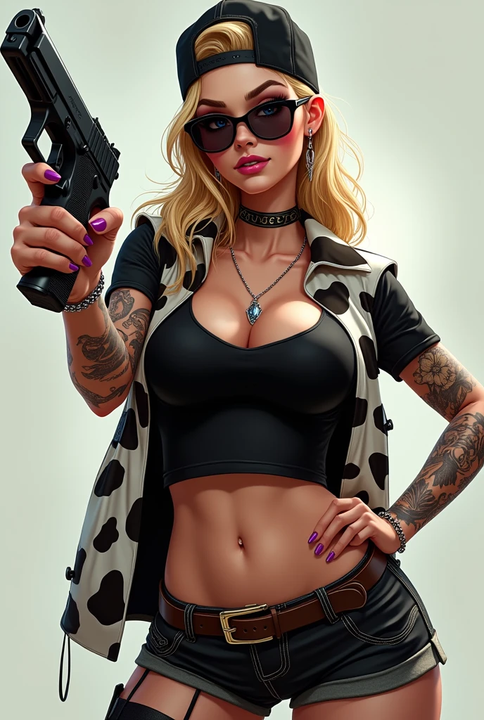 masterpiece, best quality, ultra-detailed, high contrast, realistic,(1woman),beautiful detailed eyes, looking at viewer, confident pose, tiny breasts, skinny waist, voluptuous hips, muscle arms, muscle thighs, sweaty skin, shiny skin, black tattoo, tattoo, chest tattoo, arm tattoo, rib tattoo, breast tattoo, cleavage tattoo, neck tattoo, shoulder tattoo, huge tattoo. (Earrings, multiple ear piercings) White hair, bob cut Hair, messy hair(Drenched in sweat) Wild West, cowboy boots, lasso,  belt, drenched in sweat, cowgirl, chaps, cow hide, cow print, bullets on belt, dusty, tall boots, thigh high boots, denim, crop top, ripped clothes, dirty clothes, cowgirl hat, wind blowing, tumbleweeds, American flag, harsh sunlight, lens flare