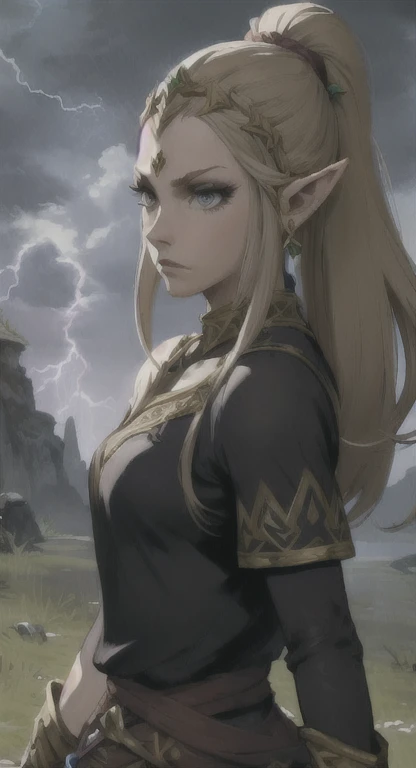 Link, long blond hair, pointy ears, blue eyes, black makeup, midriff, flat chest, navel, pose, ass, serious, looking back, hoop earrings,
black dress, pelvic curtain, hips, elbow gloves,
night, camp,
(insanely detailed, beautiful detailed face, masterpiece, best quality) solo, cowboy shot, from behind,
<lora:fbLink-10v6:0.7>