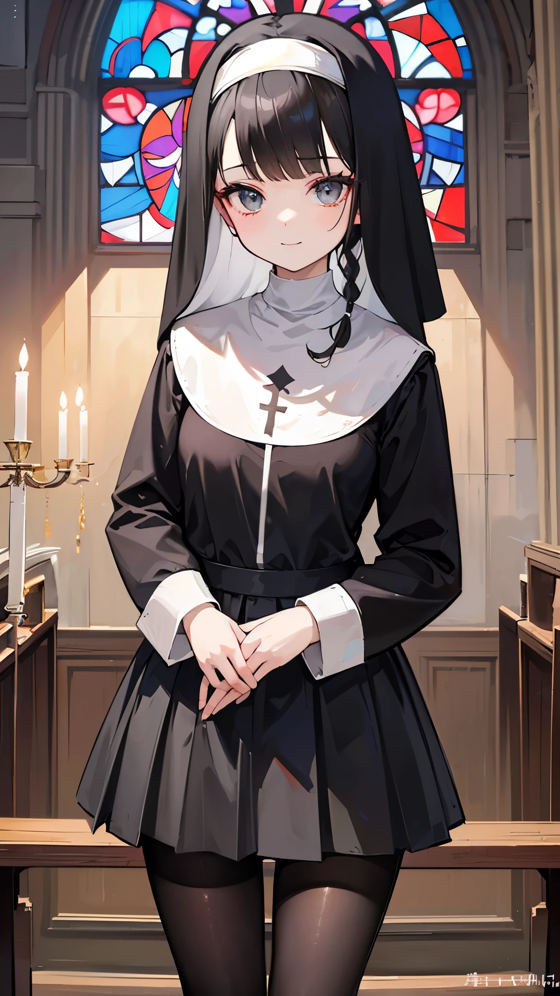 (8k、Best image quality、highest quality、masterpiece)、Detailed face、 One girl、Black Hair、Long Hair、blunt bangs、Grey Eyes、Earrings、smile、Large Breasts、((nun))、((skirt lift))、((pull black pantyhose:1.2))、((black panties))、Cowboy Shot、((Shoot from below))、altar、Stained glass、Church Background
