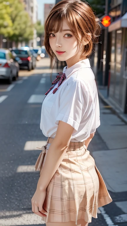 (extremely delicate and beautiful: 1.3), 1girl, fashi-girl, bangs, pretty eyes, bow, brown hair, closed mouth, sideways, hair between eyes, hair bow, short sleeves, looking at the viewer, medium hair, solo, full body portrait, school uniform: 1.3, ((solo)), (masterpiece), blonde