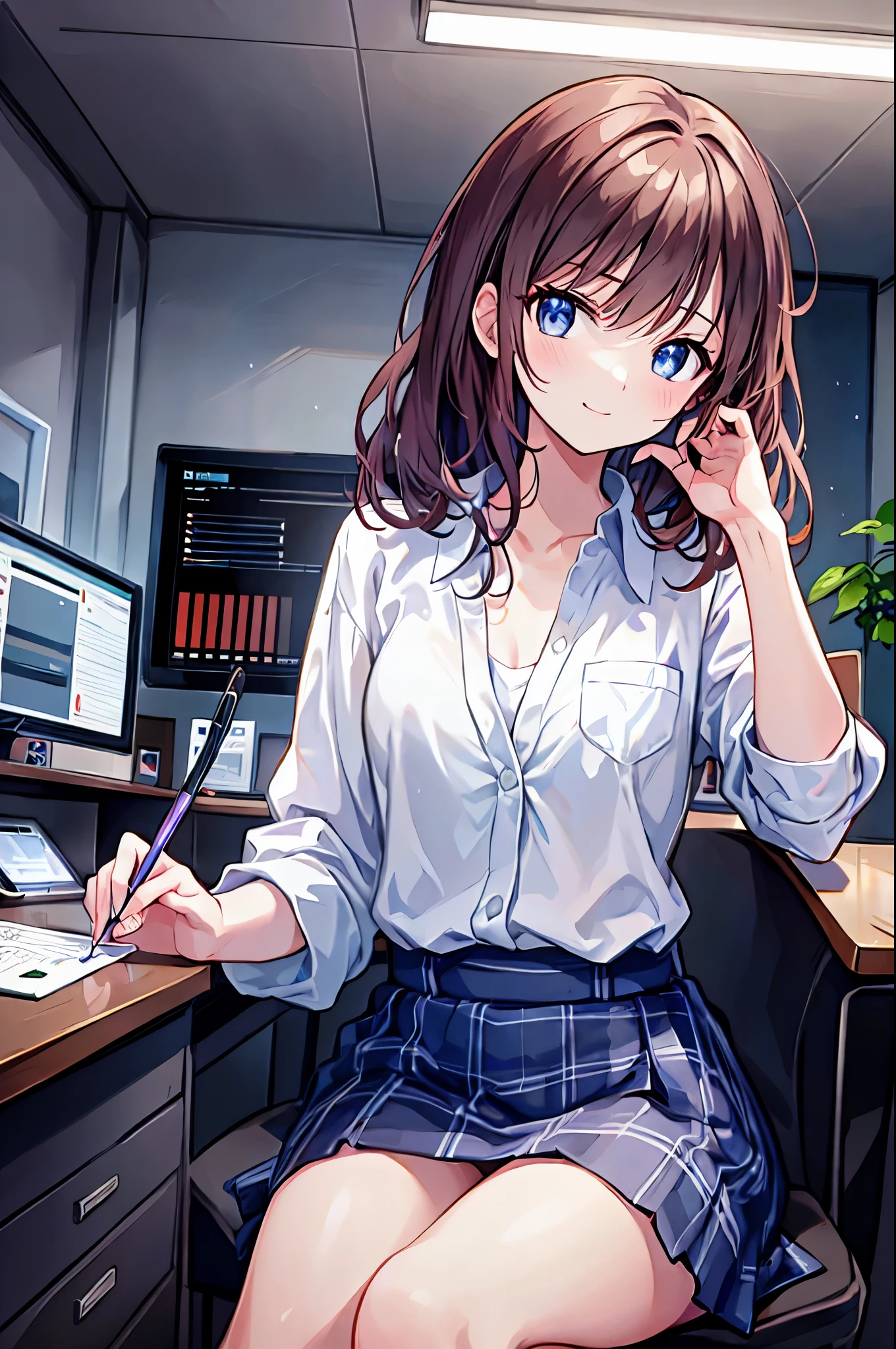 ((masterpiece)),((Highest quality)),((Ultra-high resolution)),((Highest Resolution)),((Very detailed build)),((Anatomically correct)),((Professional Lighting)),At the office,((Front view)),((Laboratory instrument)),((Observation equipment)),Amagi Shino Office Lady,Small breasts，Flat chest, concentrated,Multiple Monitors:1.5,Monitor displaying numerical data,2 female secretaries,pretty girl,Sit on a chair,Pink blouse,Black pencil skirt with slit,Captivating thighs,With a fountain pen,smile,Looking into the camera,Brown Hair，Shortcuts，Messy Hair，Slender beauty，A dignified posture，Small chest，Beautiful feet，Her captivating grey-blue eyes shine like stars