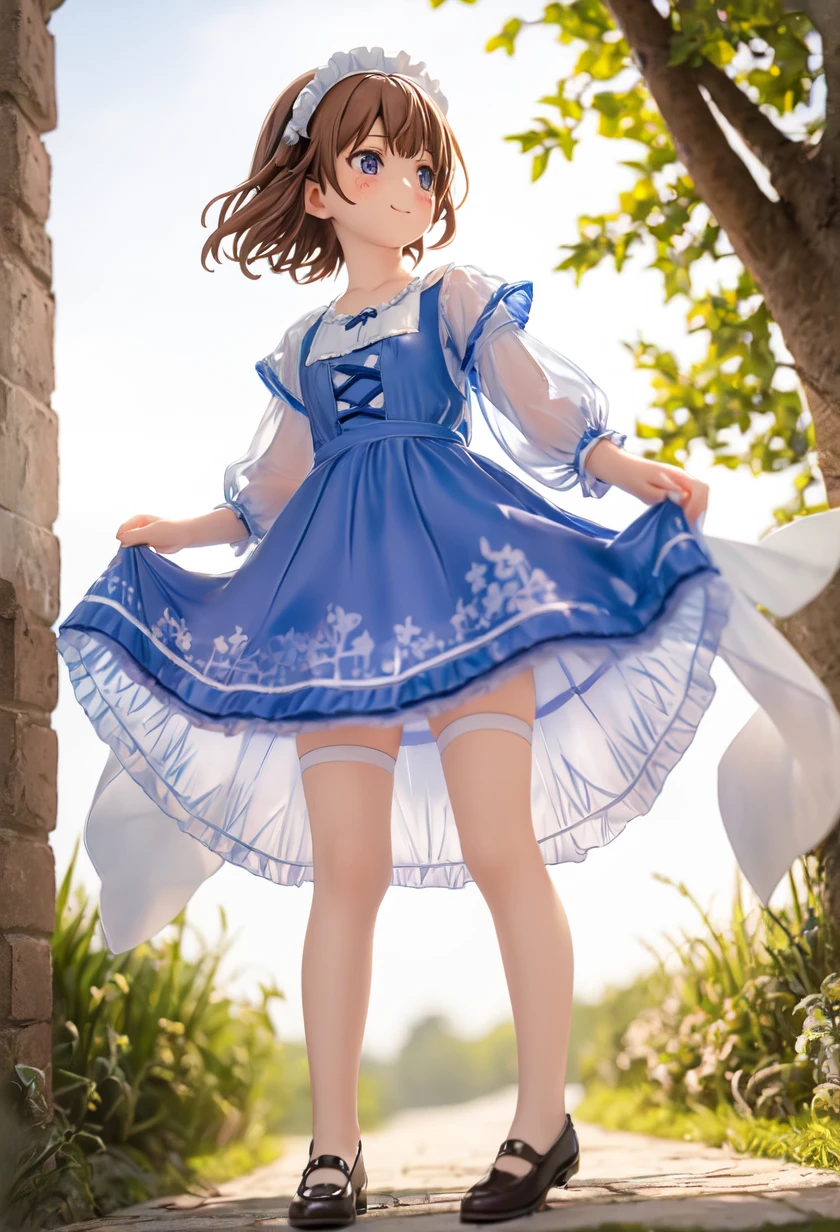 10 year old girl underwear, Realistic bloomers made from patterned cotton fabric, Medieval one-piece dress with panniers, Fabric Realism, Low - Angle, I see bloomers, Pull up the dress by hand, Strong winds, Translucent slip, Translucent slip, tights, Highest quality, Crotch close-up, whole body