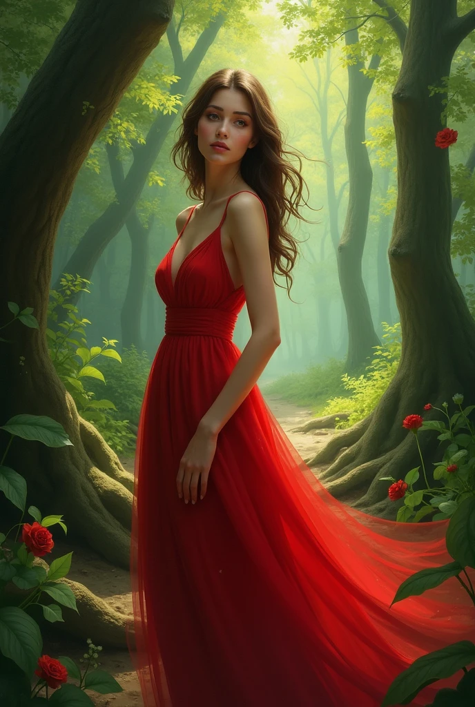 A woman in a red dress in the forest