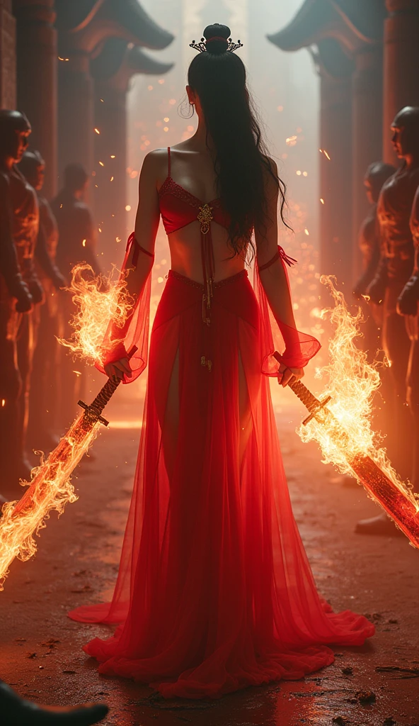 Une sorcière maléfique, peau claire mouillée et ruisselante, svelte, séduisante, ses cheveux roux mouillés, tachée de sang, prend sa douche en position d'incantation, du feu magique rouge l'entoure, du sang coule du plafond et des murs en abondance, temple maudit, eau teinté couleur rouge sang, long manteau col en v ouvert, chemise blanche mouillée ouverte tachée de sang
inspiré de l'univers du jeu vidéo Diablo